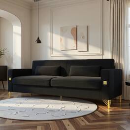 Anysun - Luxury 3-Seat Velvet Sofa with Gold Accents - Plush Cushions for Living Room & Office. - Black