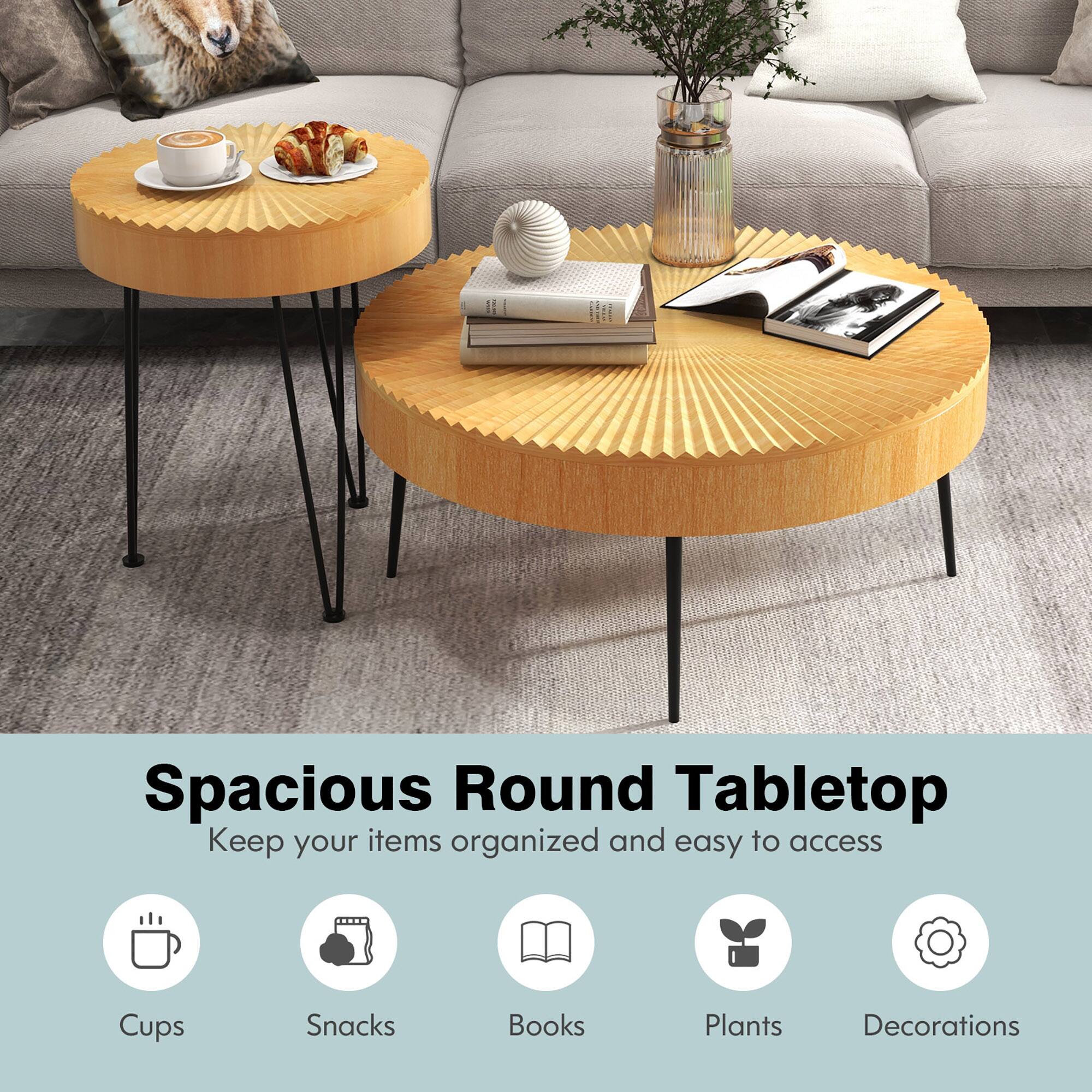 "Spacious Round Tabletop: Keep your items organized and easy to access. Cups, Snacks, Books, Plants, Decorations."