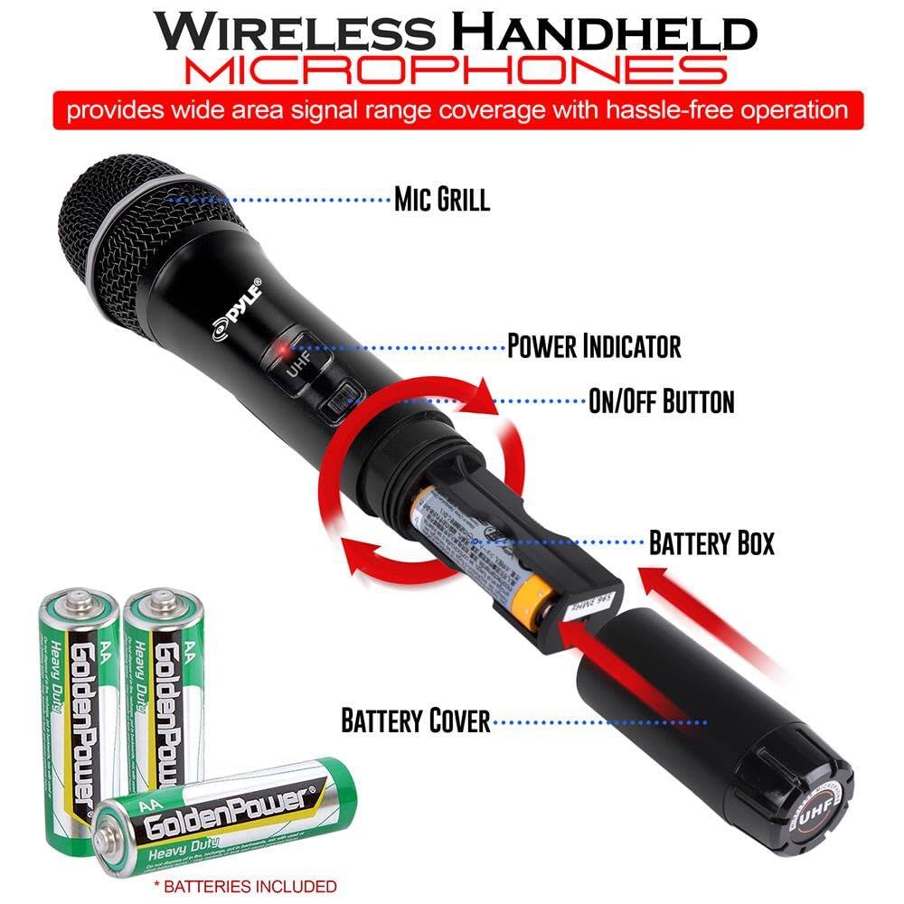 WIRELESS HANDHELD MICROPHONES  
provides wide area signal range coverage with hassle-free operation  

- MIC GRILL  
- POWER INDICATOR  
- ON/OFF BUTTON  
- BATTERY BOX  
- BATTERY COVER  

BATTERIES INCLUDED  

Heavy Duty GoldenPower AA  
Heavy Duty GoldenPower AA  
Heavy Duty GoldenPower AA  

PPD 20PE7  
LUHF
