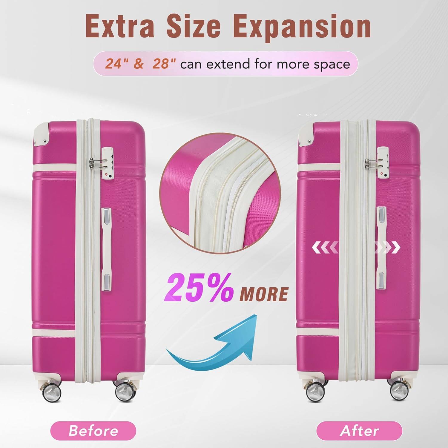 Extra Size Expansion  
24" & 28" can extend for more space  

25% MORE  

Before  
After