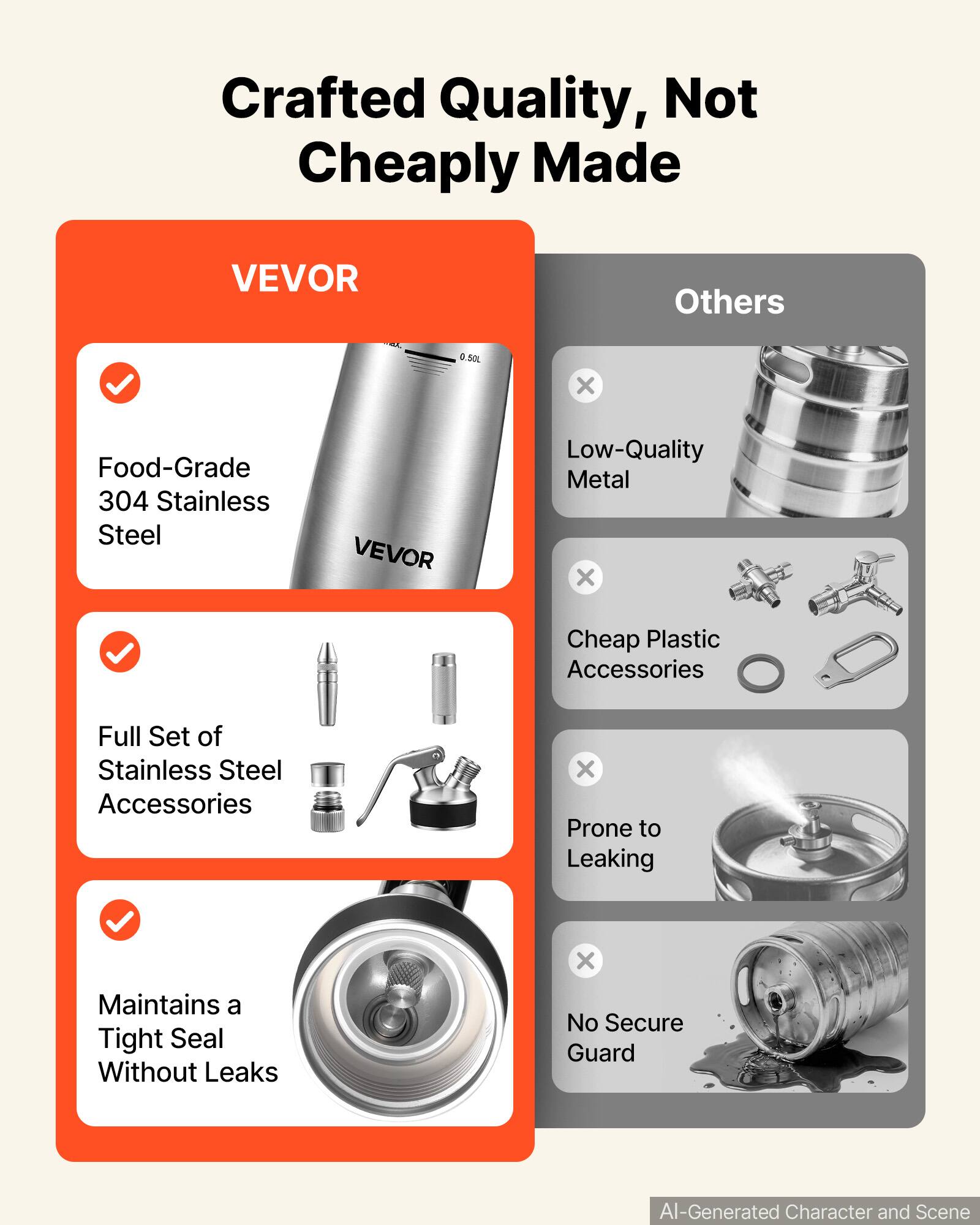 Crafted Quality, Not Cheaply Made

VEVOR
- Food-Grade 304 Stainless Steel
- Full Set of Stainless Steel Accessories
- Maintains a Tight Seal Without Leaks

Others
- Low-Quality Metal
- Cheap Plastic Accessories
- Prone to Leaking
- No Secure Guard

AI-Generated Character and Scene