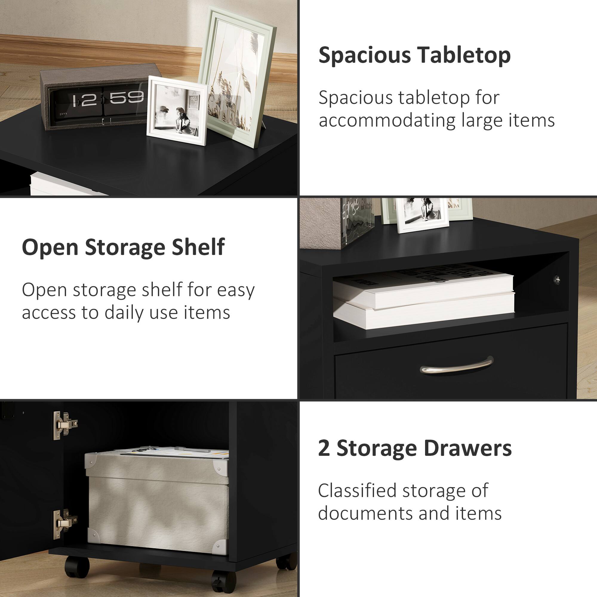 Spacious Tabletop: Spacious tabletop for accommodating large items

Open Storage Shelf: Open storage shelf for easy access to daily use items

2 Storage Drawers: Classified storage of documents and items