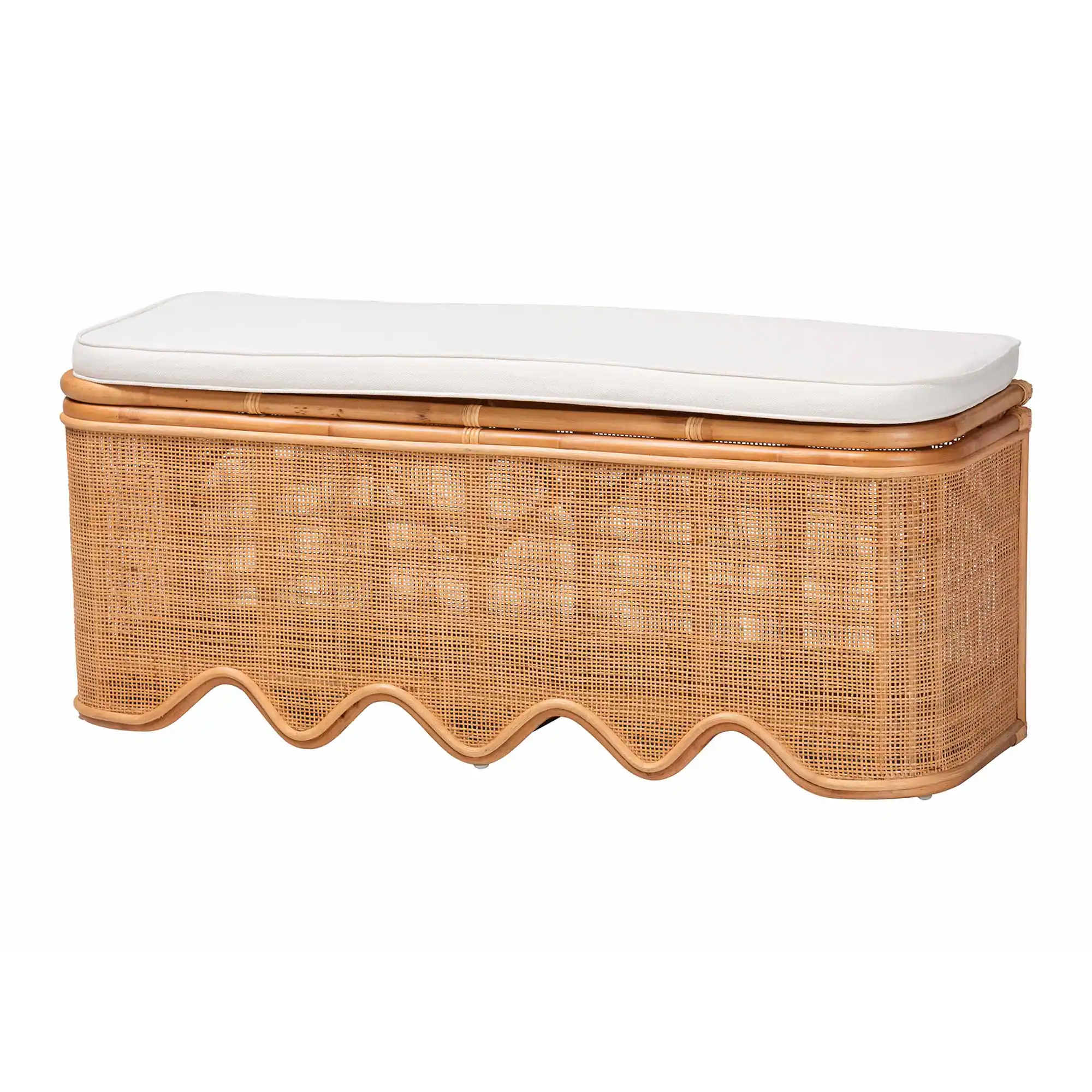 Front. bali & pari - bali & pari Rivka Natural Rattan Storage Bench with Scalloped Base and Cushion - Light Honey.