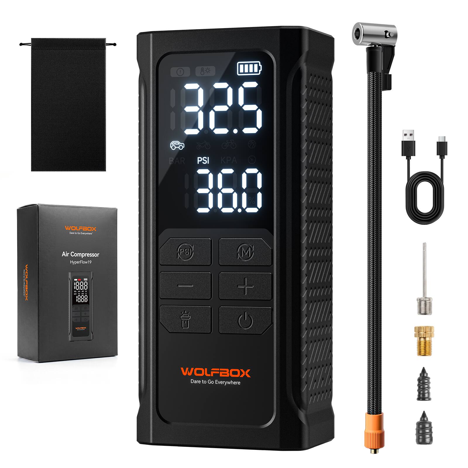 I HASC WOLFBOX ntaryaen - Air Compressor HyperFlow19 1000 10.00 000 0dO . 8* 32s PAR PSI  360 PSI M - +  U O g LICE WOLFBOX Dare to Go Everywhere