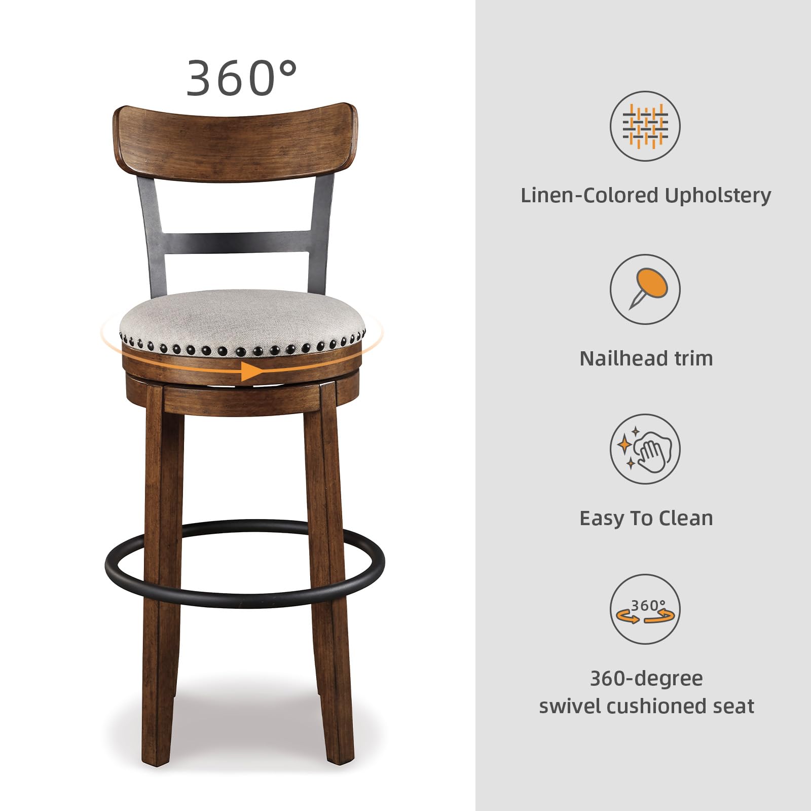 360°

- Linen-Colored Upholstery
- Nailhead trim
- Easy To Clean
- 360-degree swivel cushioned seat