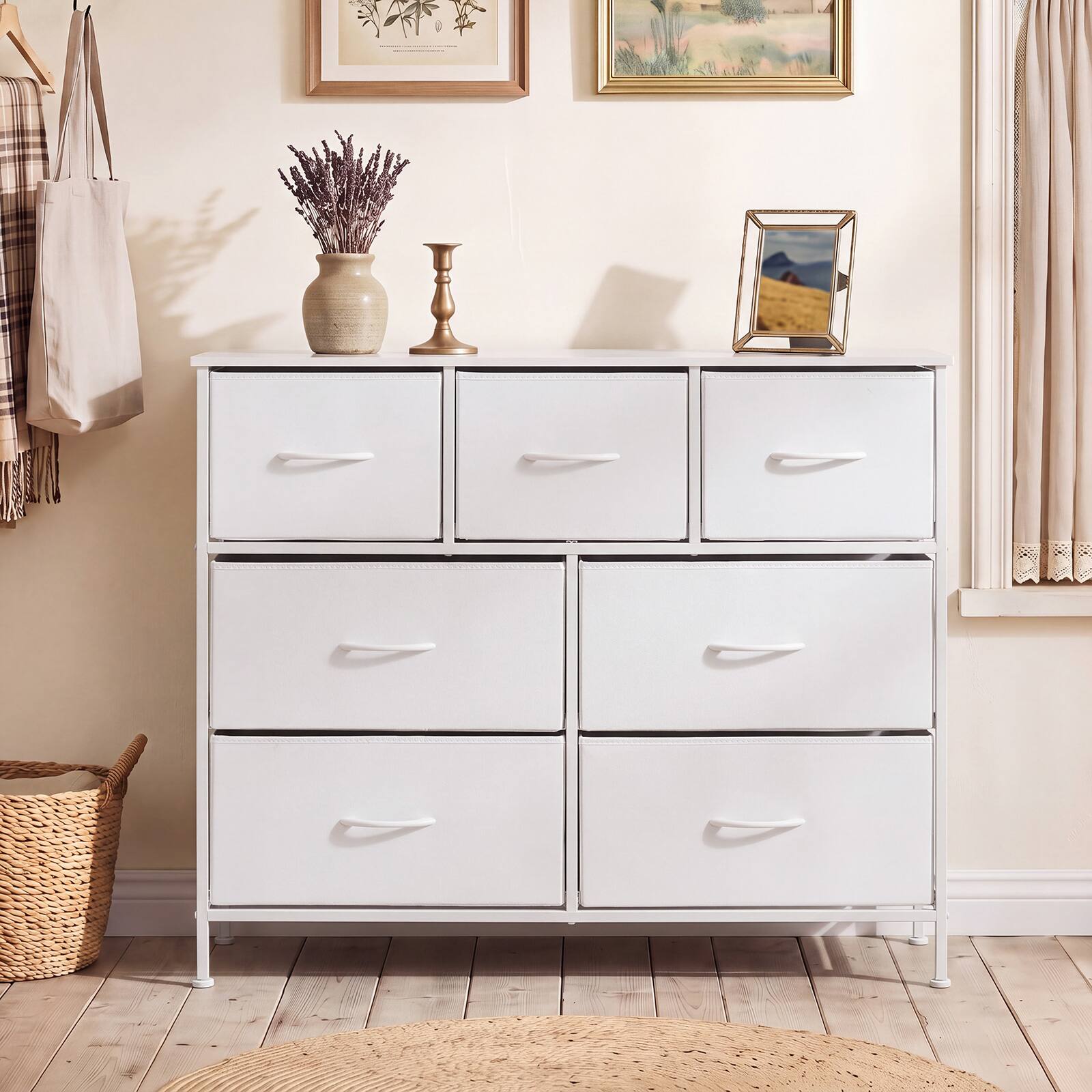 Alt View 3. Costway - Costway 7-Drawer Wide Dresser with 2-Sized Folding Fabric Drawers & 2 Anti-tipping Kits - White.