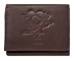 Rico Industries - Pittsburgh Penguins NHL Distressed Look Embossed Logo Dark Brown Leather Trifold Wallet - Multi