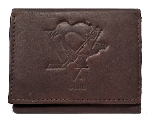 Front. Rico Industries - Pittsburgh Penguins NHL Distressed Look Embossed Logo Dark Brown Leather Trifold Wallet - Multi.