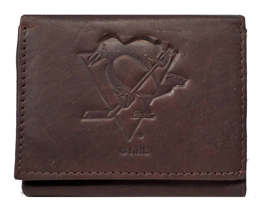 Front. Rico Industries - Pittsburgh Penguins NHL Distressed Look Embossed Logo Dark Brown Leather Trifold Wallet - Multi.