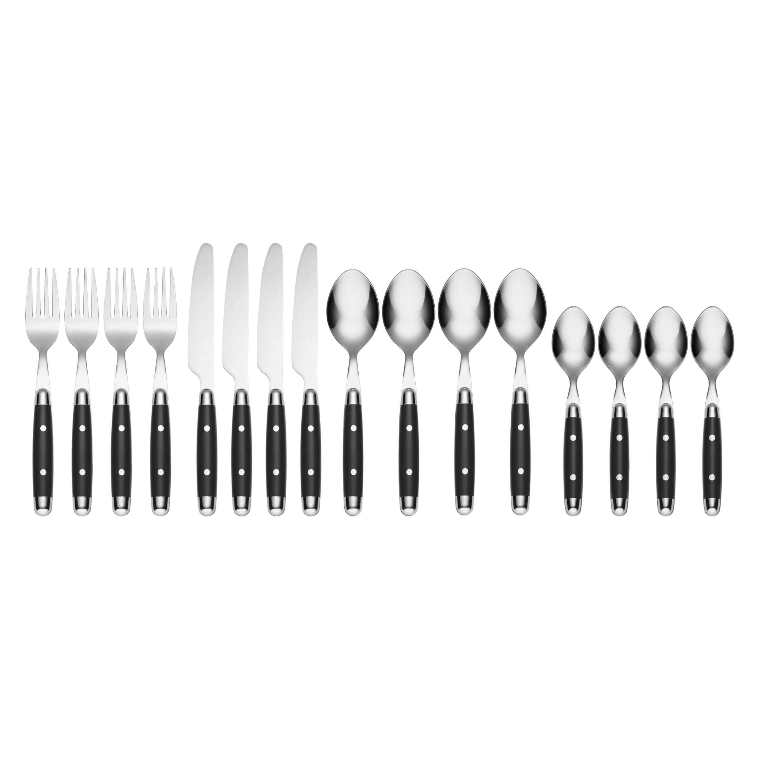 Angle. Dazzed Corner - Silverware Set, 16-Piece Flatware Set, Service for 4, 18/0 Stainless Steel, Dishwasher Safe - Black.