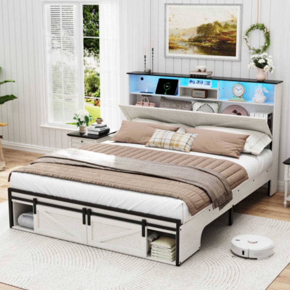 LUCKY ONE - Queen Size Farmhouse Bed Frame with Storage Headboard, USB Charging Station, LED Lights, Wooden Slats - White