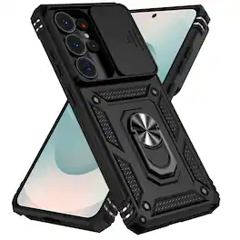 Dteck - Rotatable Ring Kickstand Case for Samsung Galaxy S26 Ultra, Heavy-Duty Rugged Slide Camera Back Cover - Black