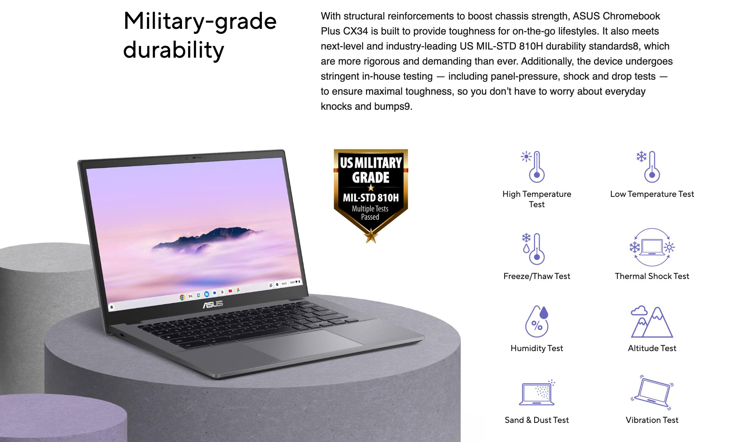 **Military-grade durability**

With structural reinforcements to boost chassis strength, ASUS Chromebook Plus CX34 is built to provide toughness for on-the-go lifestyles. It also meets next-level and industry-leading US MIL-STD 810H durability standards, which are more rigorous and demanding than ever. Additionally, the device undergoes stringent in-house testing — including panel-pressure, shock, and drop tests — to ensure maximal toughness, so you don't have to worry about everyday knocks and bumps.

**US MILITARY GRADE**
**MIL-STD 810H**
Multiple Tests Passed

- High Temperature Test
- Low Temperature Test
- Freeze/Thaw Test
- Thermal Shock Test
- Humidity Test
- Altitude Test
- Sand & Dust Test
- Vibration Test