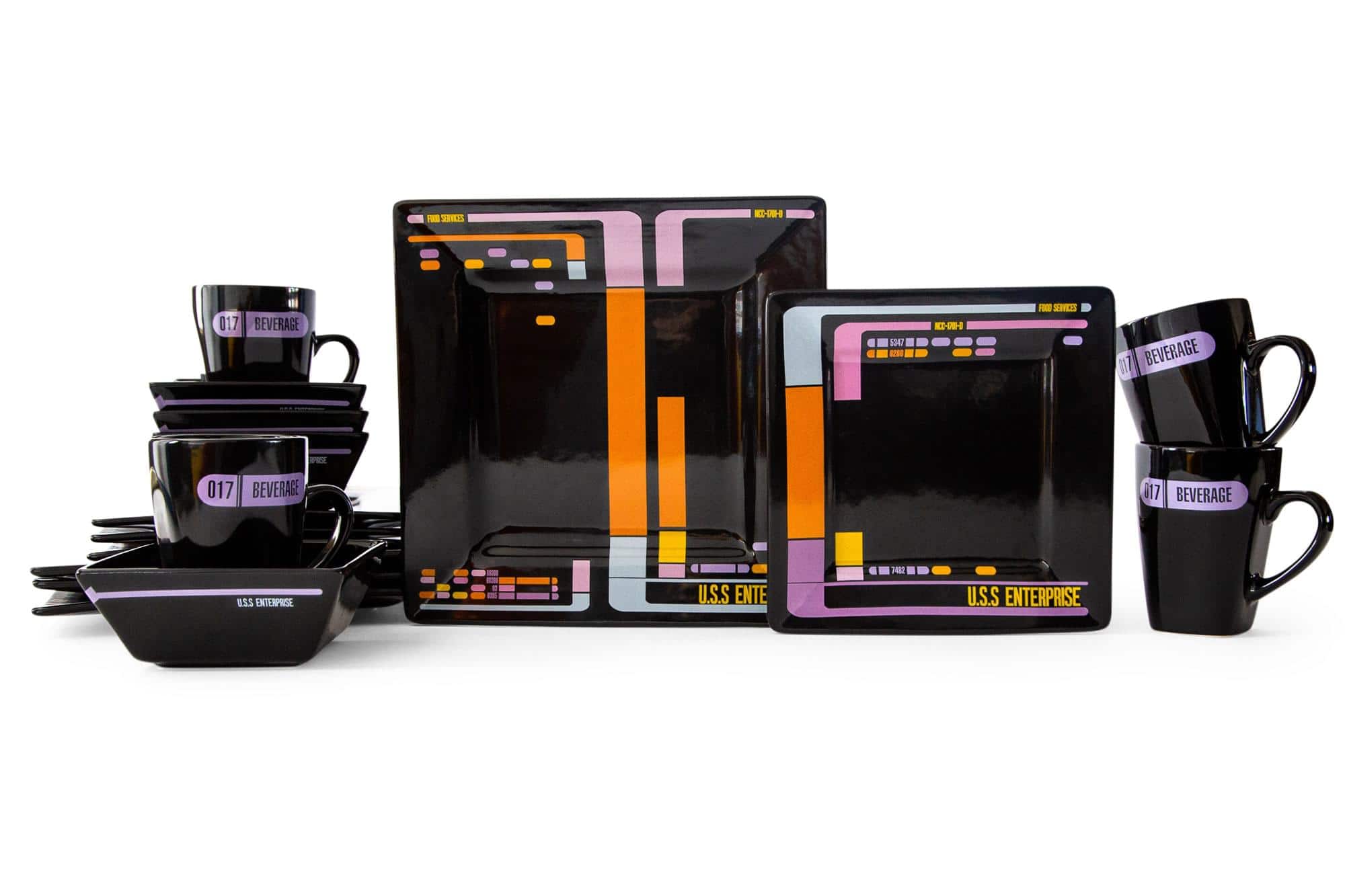 Ukonic - Star Trek: The Next Generation LCARS Interface 16-Piece Ceramic Dinnerware Set - Black
