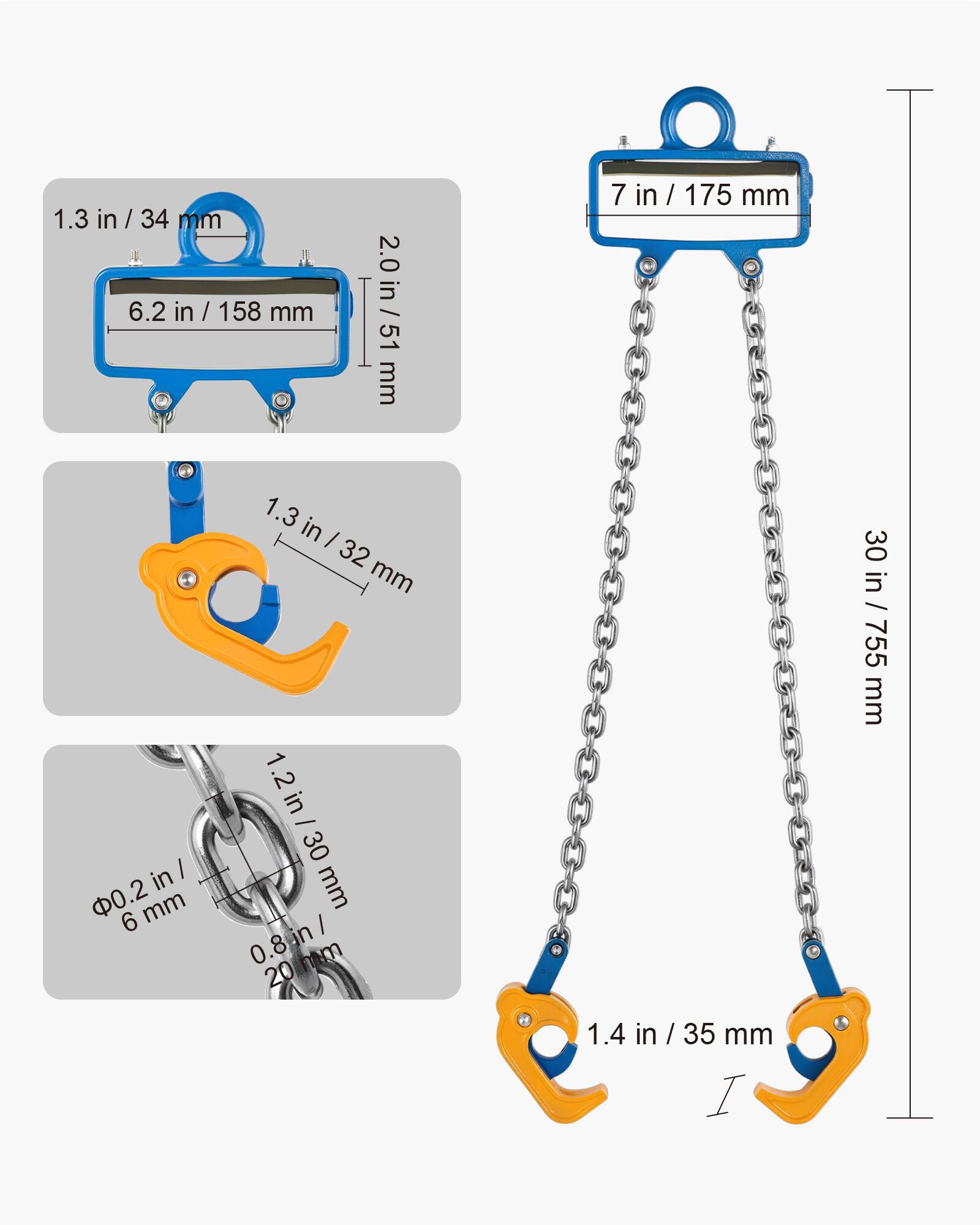 1.3 in / 34 mm  
2.0 in / 51 mm  
6.2 in / 158 mm  
1.3 in / 32 mm  
1.2 in / 30 mm  
0.2 in / 6 mm  
0.8 in / 20 mm  
7 in / 175 mm  
1.4 in / 35 mm  
30 in / 755 mm