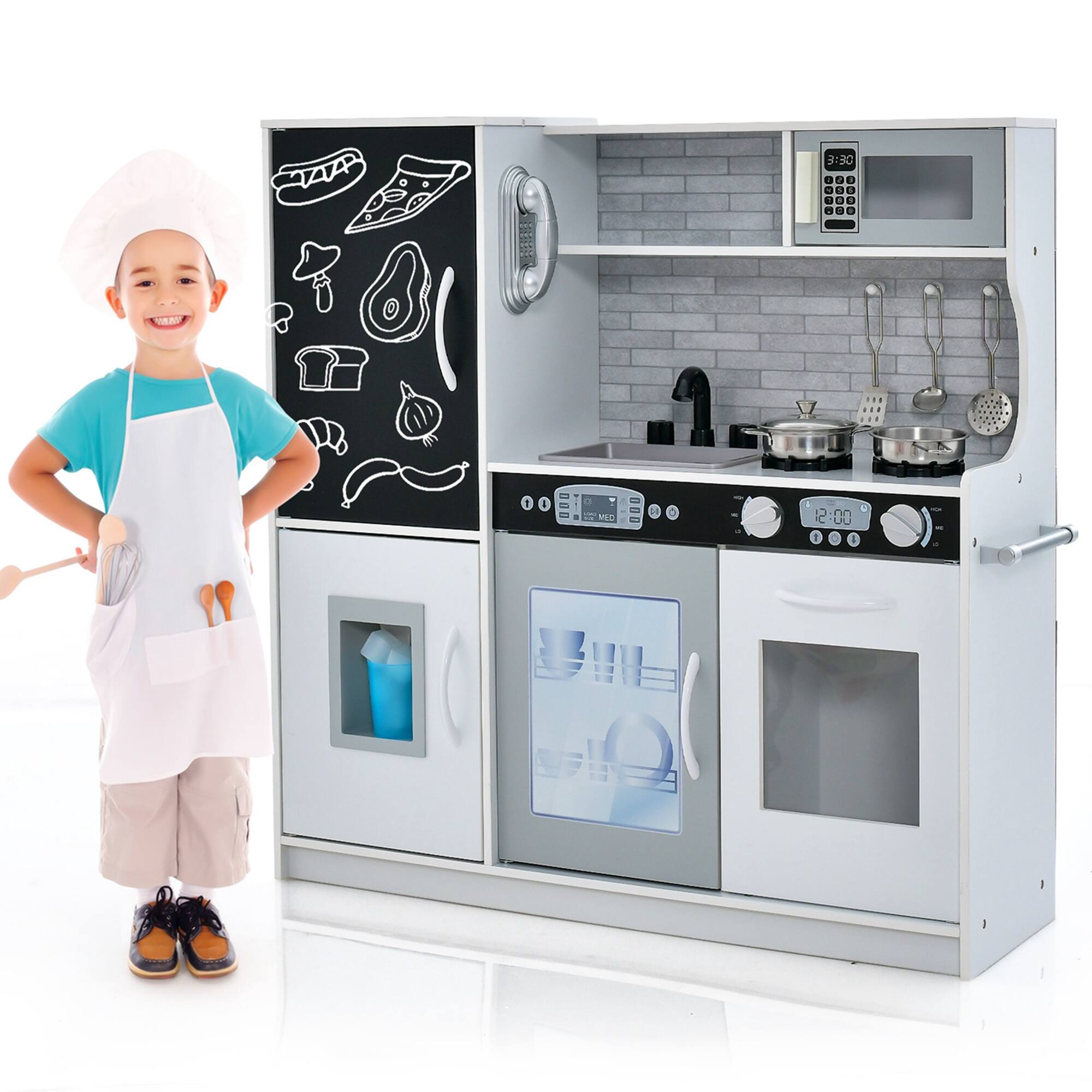 Costway - Kid's Pretend Play Kitchen Toddler Kitchen Playset with Blackboard - White