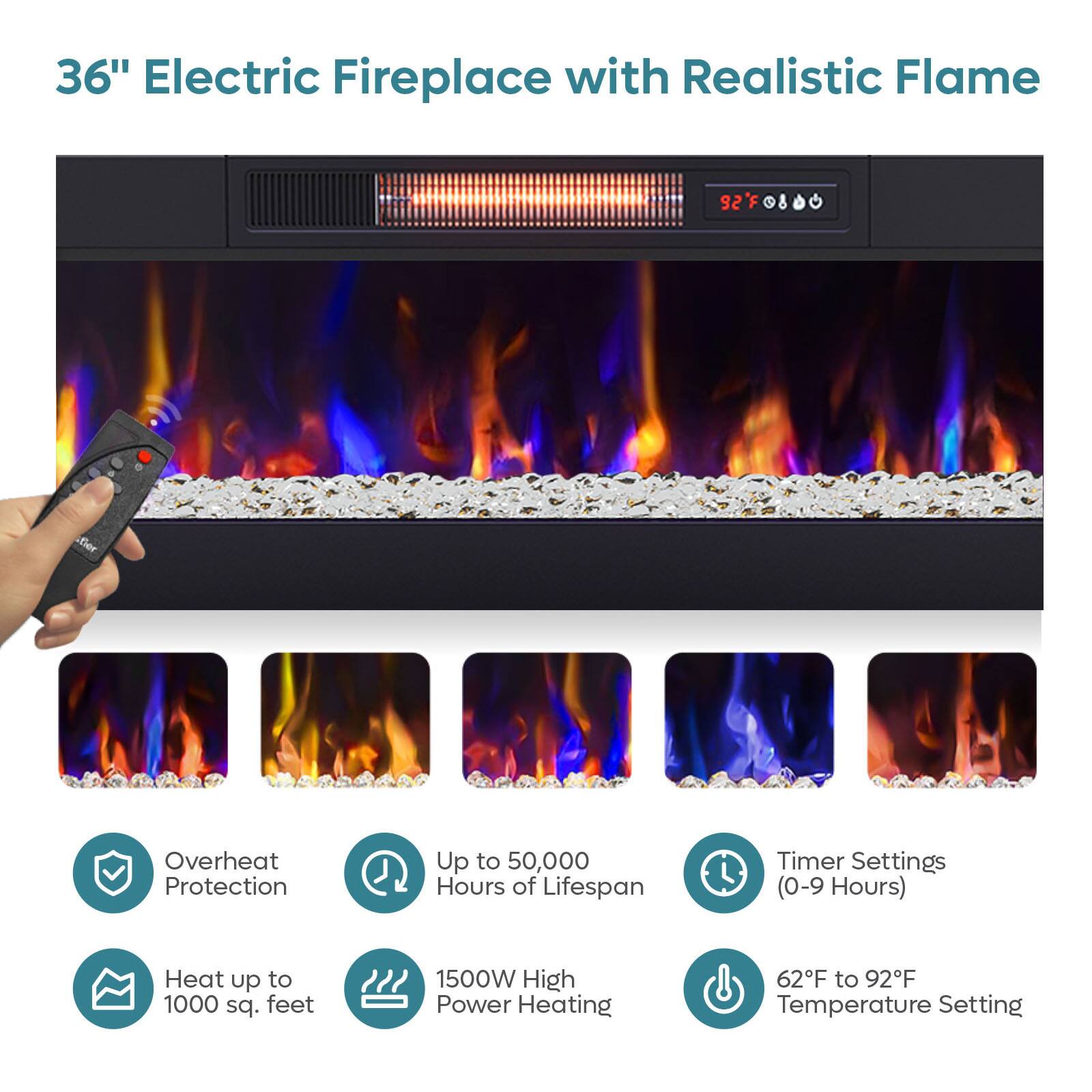 36" Electric Fireplace with Realistic Flame 92°F Overheat Protection Up to 50,000 Hours of Lifespan Timer Settings (0-9 Hours) Heat up to 1000 sq. feet 1500W High Power Heating 62°F to 92°F Temperature Setting