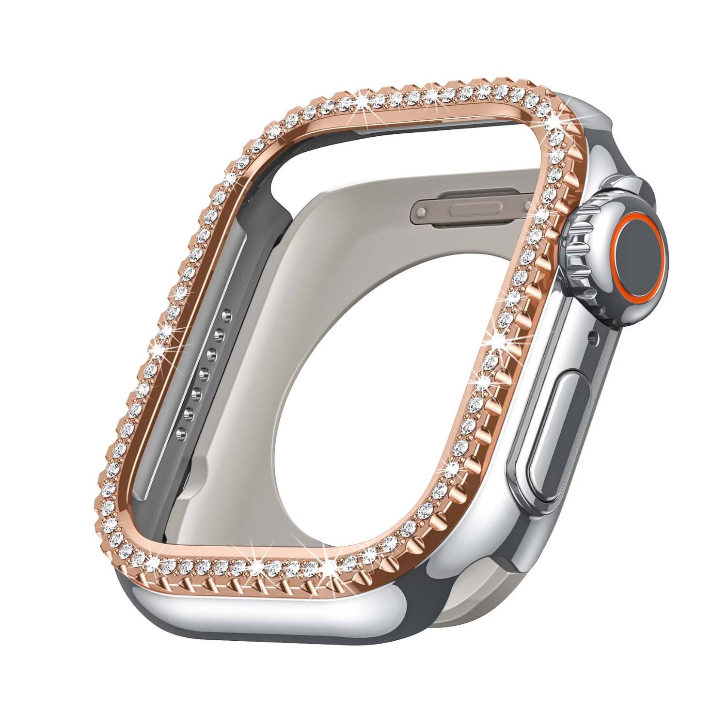 Stock Preferred - Rugged Metal Diamond Bumper Case with Back Cover for Apple Watch 44mm - Silver Rose Gold