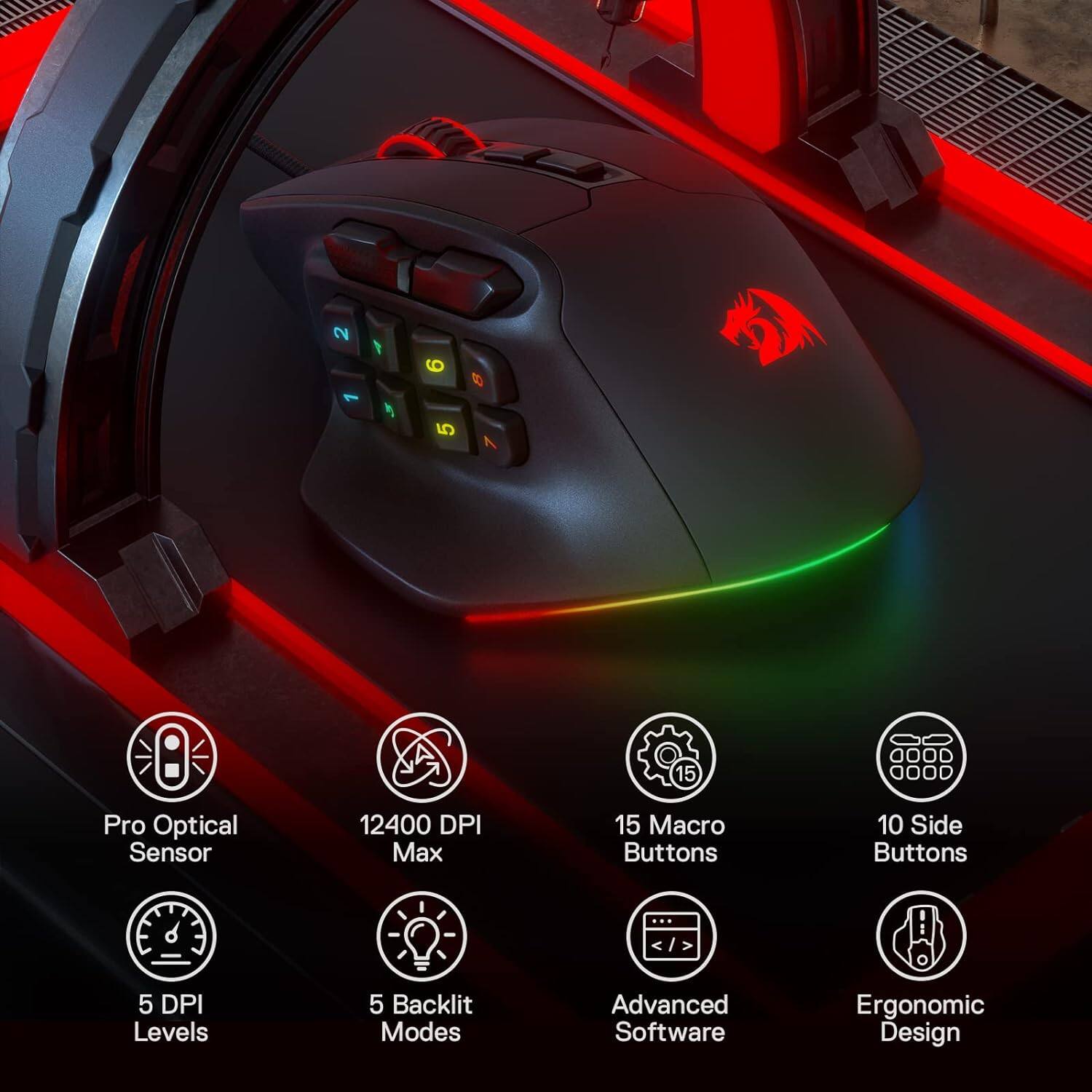 2
5
15
0000
Pro Optical Sensor
12400 DPI Max
15 Macro Buttons
10 Side Buttons
5 DPI Levels
5 Backlit Modes
Advanced Software
Ergonomic Design