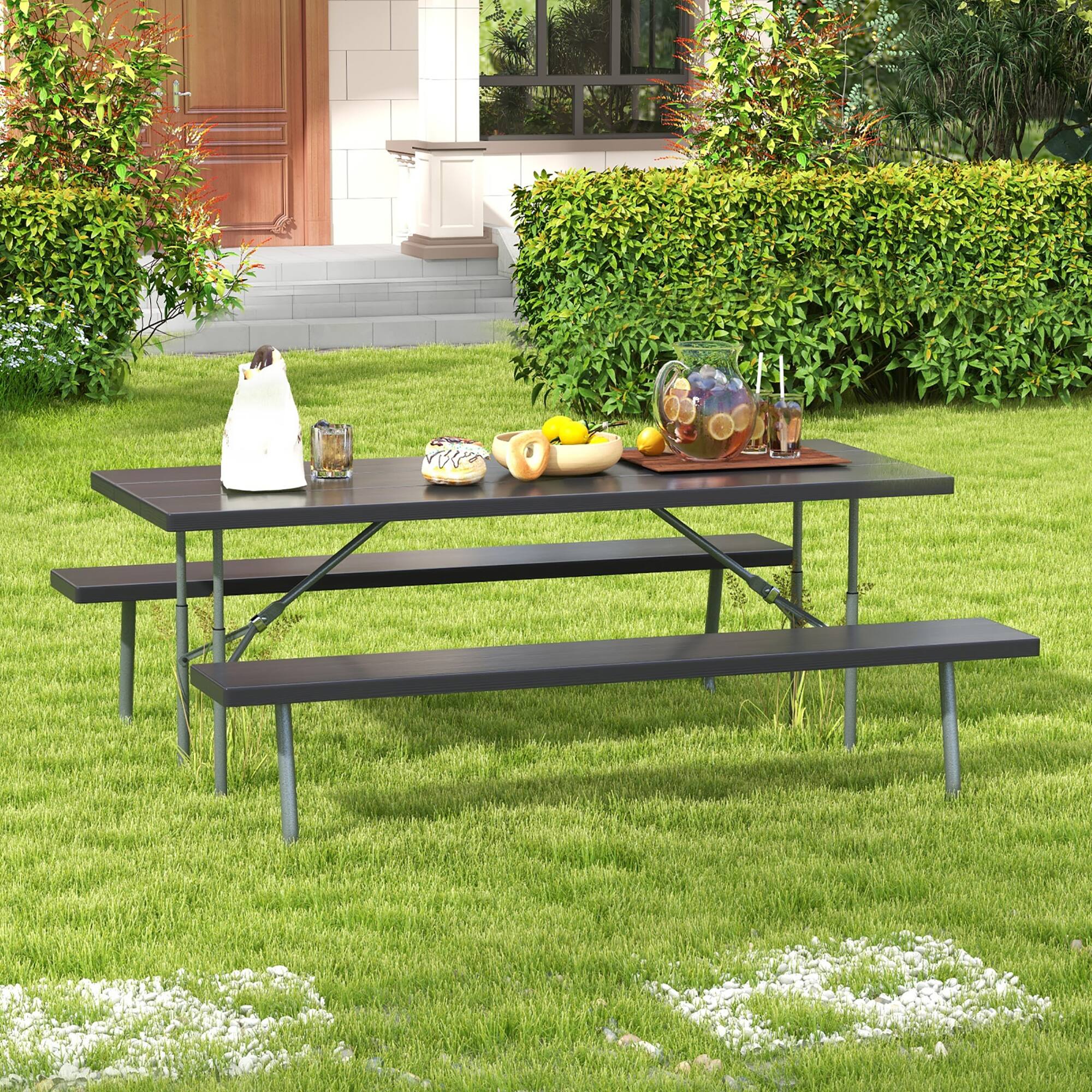 Alt View 1. Gymax - Gymax Folding Picnic Table w/ 2 Benches 6 FT Camping Table Set w/ Metal Frame - Black.