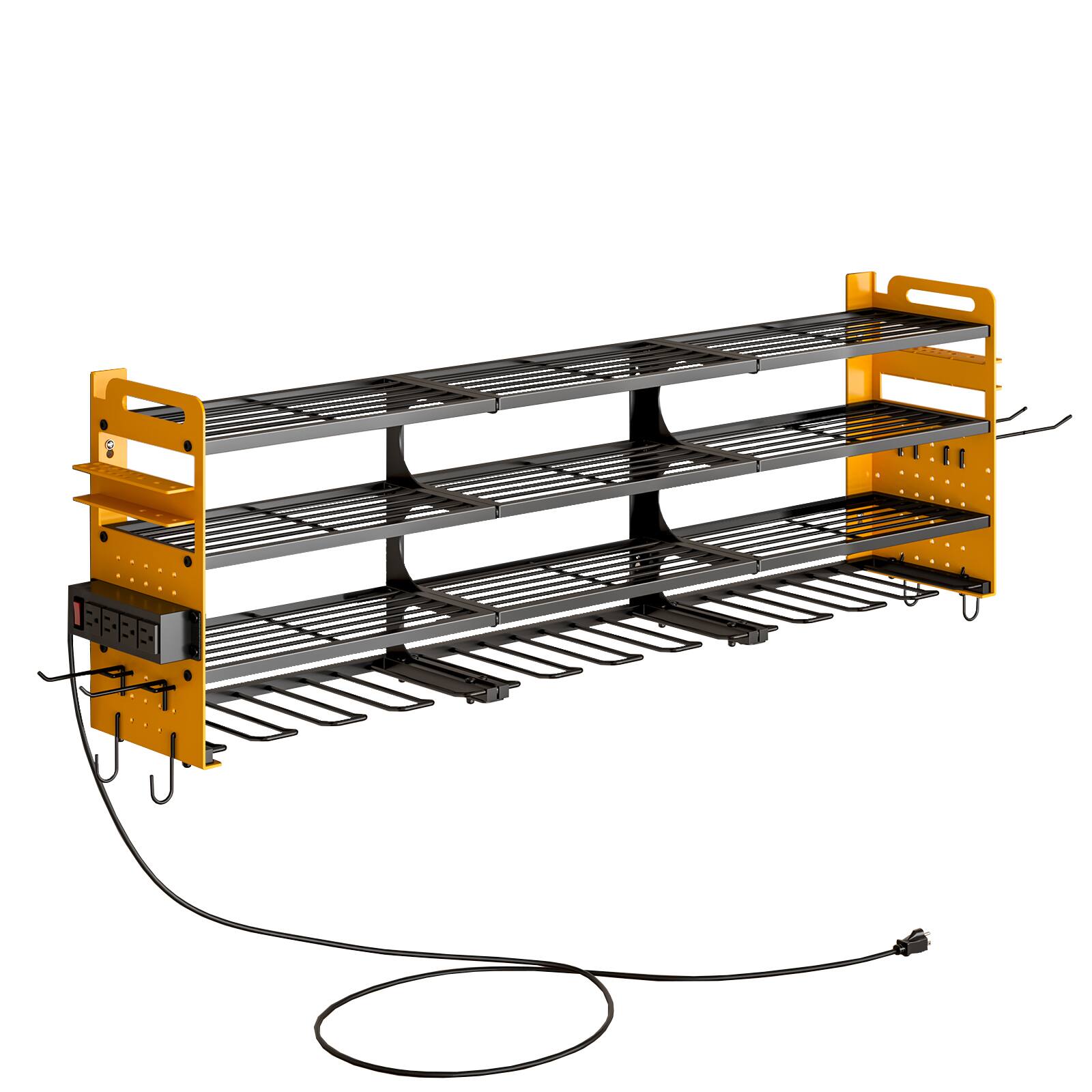 Alt View 4. HAUSOURCE - 16.93 in. Yellow Steel 4-Tier Power Tool Organizer Shelving Wall Mount Utility Storage Rack Shelves Garage Cabinets - Black.