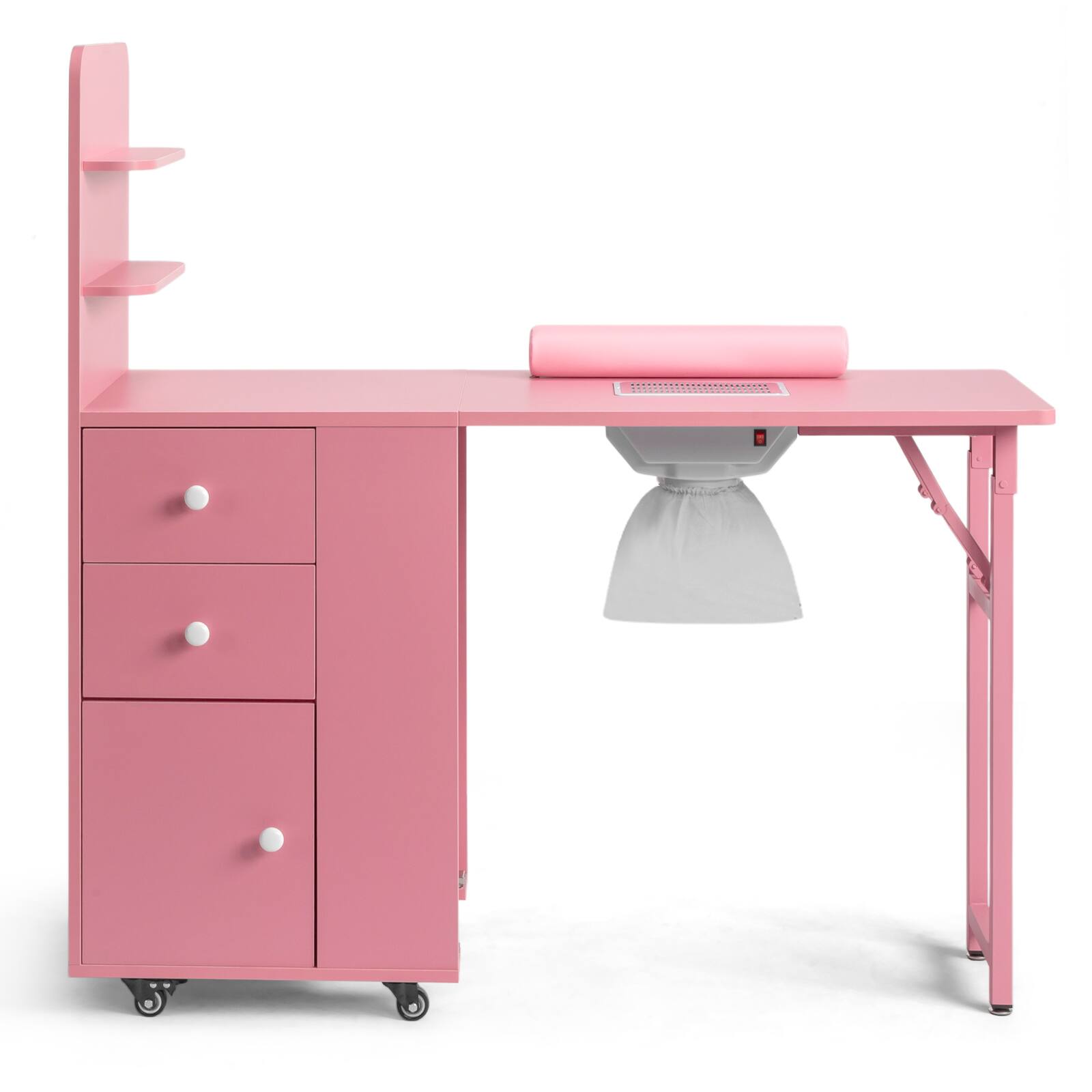 Left. Winado - Foldable Manicure Table for Nail Tech, Nail Desk Station Makeup Storage Table with Dust Collector & Drawers & Cabinet - Pink.