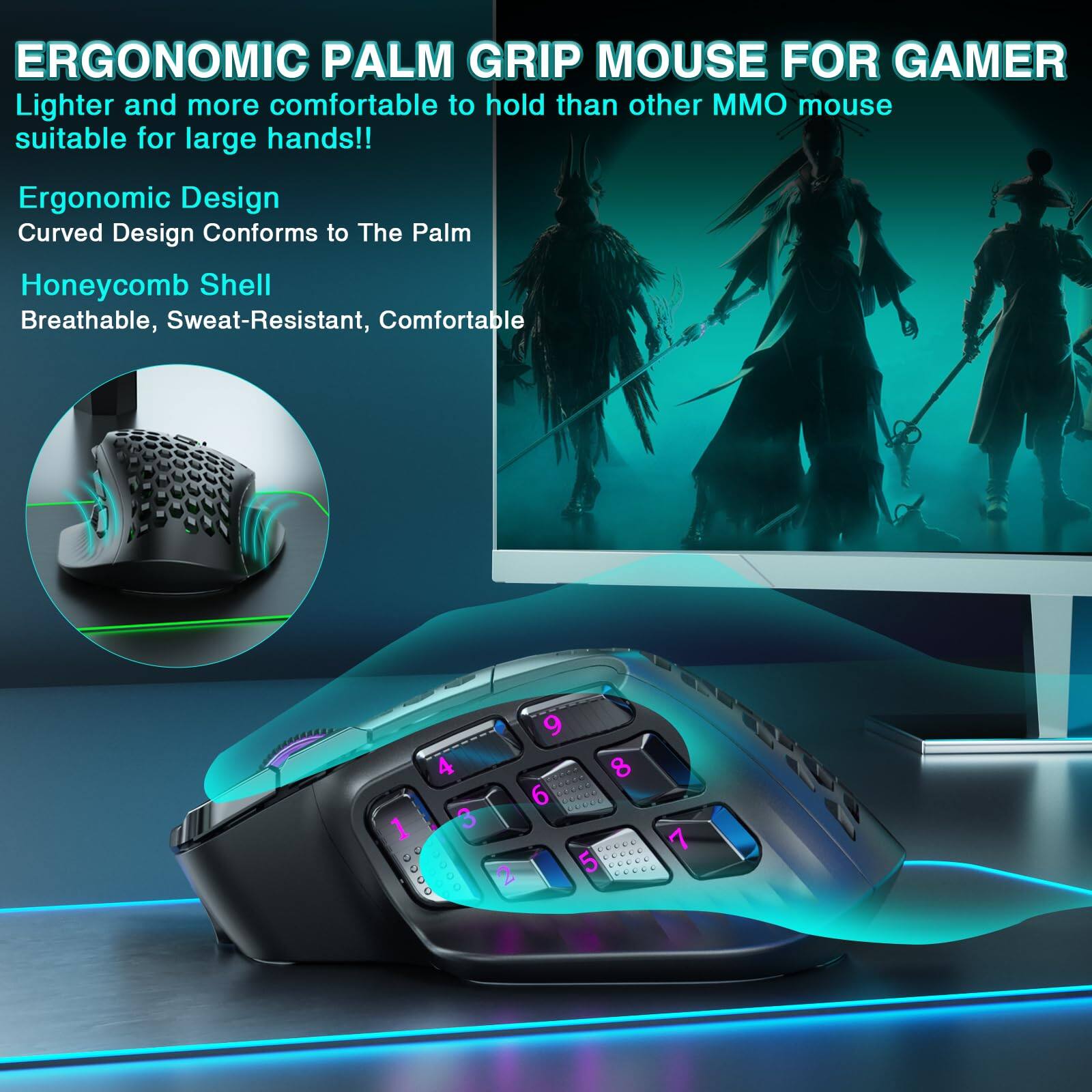 ERGONOMIC PALM GRIP MOUSE FOR GAMER  
Lighter and more comfortable to hold than other MMO mouse suitable for large hands!!  

Ergonomic Design  
Curved Design Conforms to The Palm  

Honeycomb Shell  
Breathable, Sweat-Resistant, Comfortable