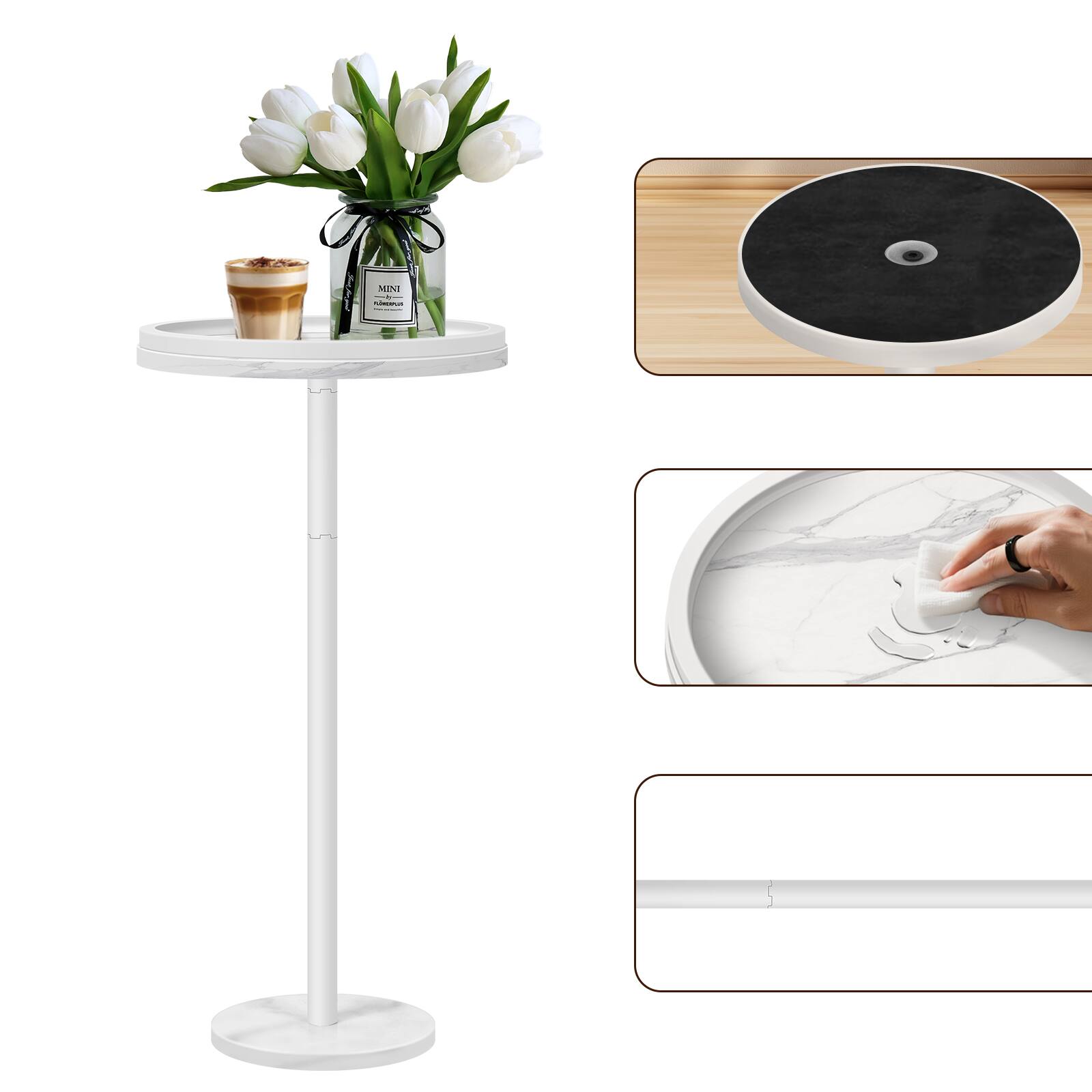 Left. Oumilen - Set of 2 White Marble Round Side Table with Raised Edge - White.