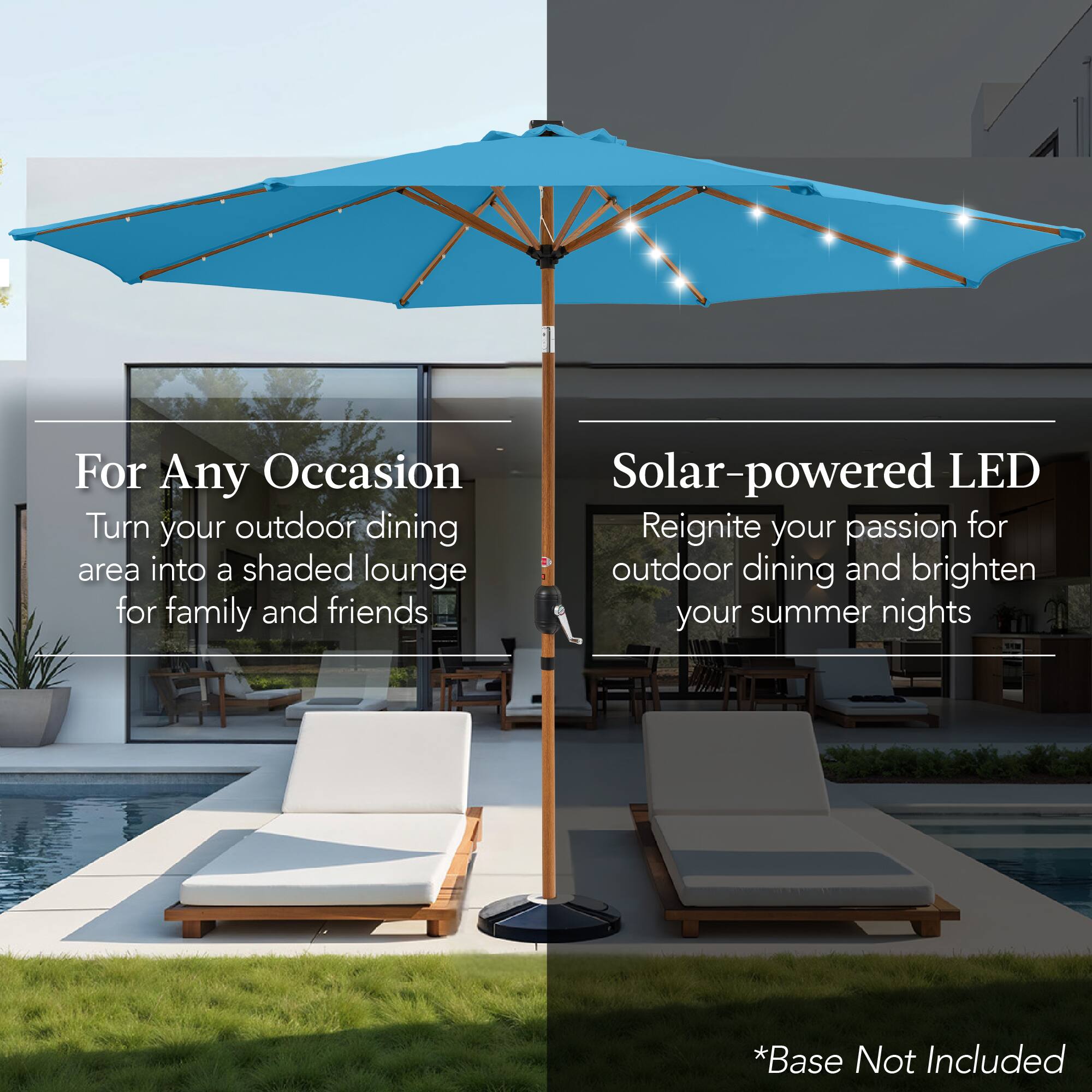 For Any Occasion: Turn your outdoor dining area into a shaded lounge for family and friends. Solar-powered LED: Reignite your passion for outdoor dining and brighten your summer nights. *Base Not Included.