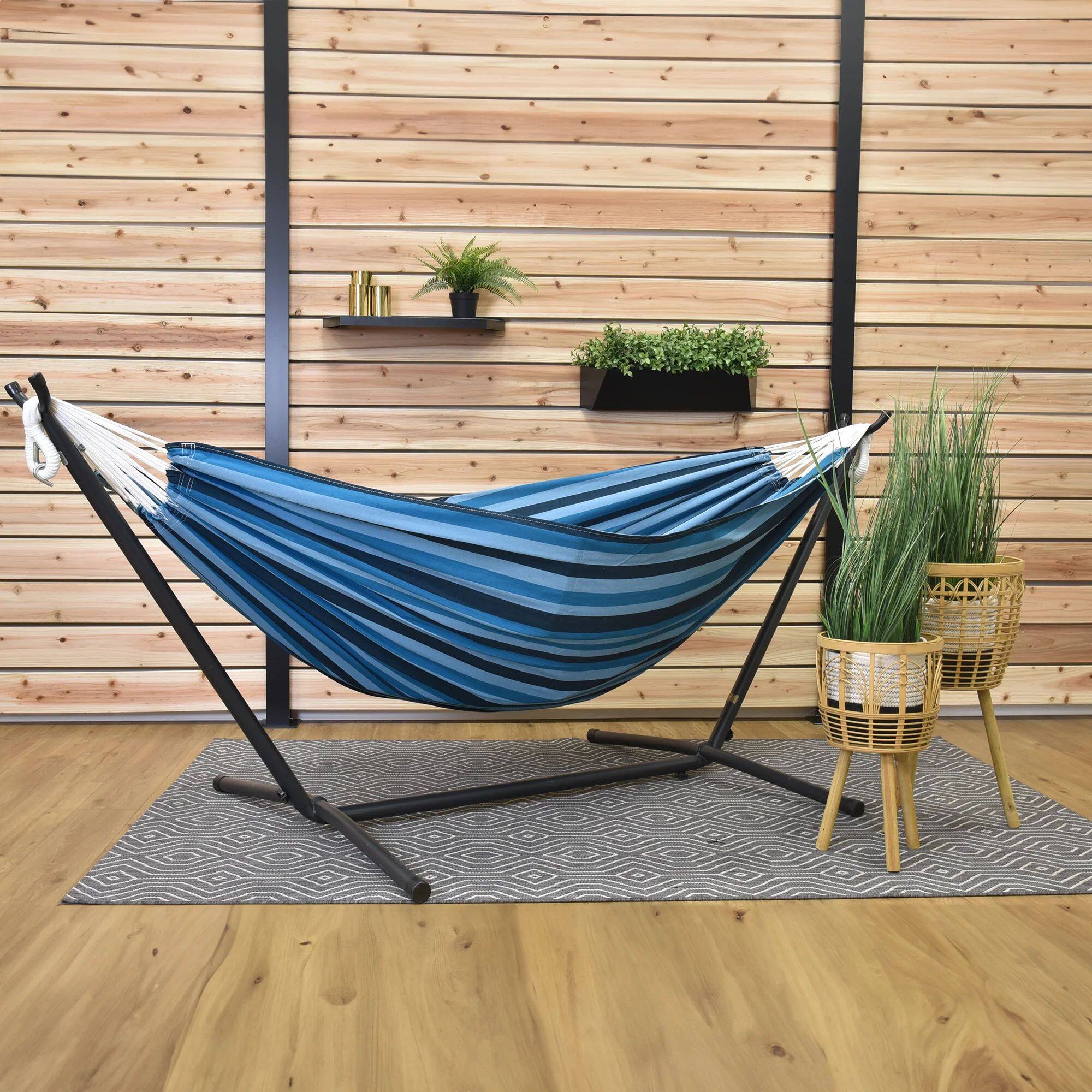 Alt View 6. Vivere - Vivere Double Cotton Hammock, Comfortable Daybed, Steel Stand, 9', Blue Lagoon - Blue.
