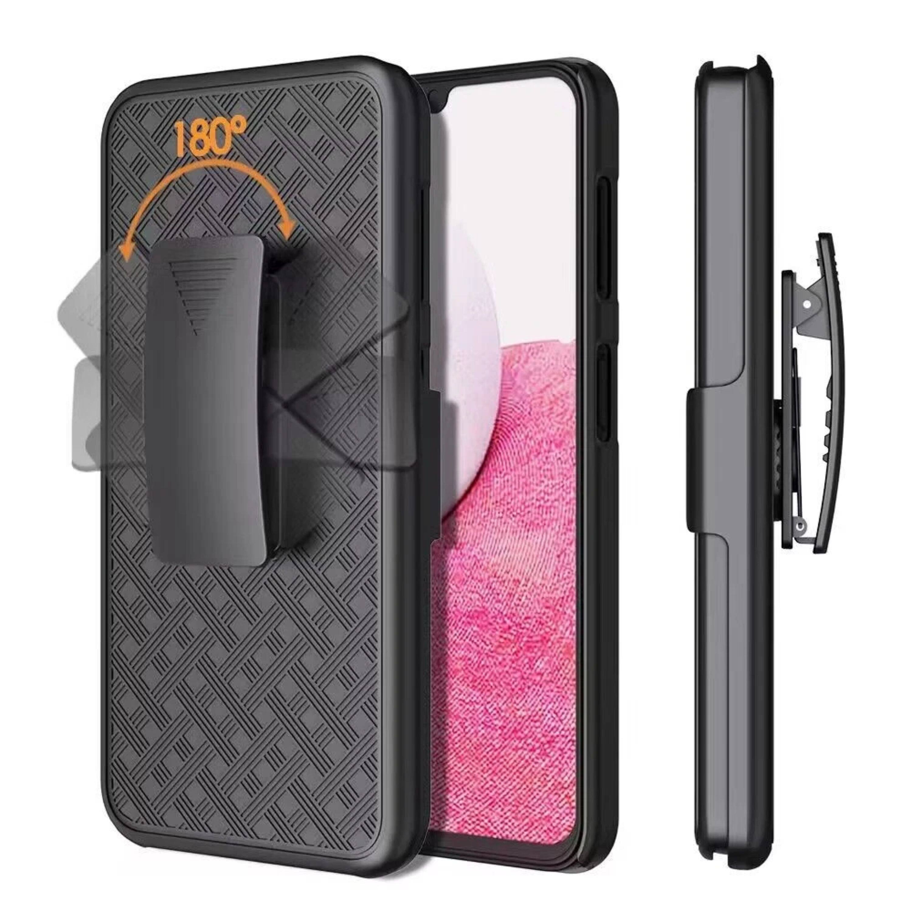 Left. Kitcheniva - 3 in 1 Belt-Clip Holster Kickstand Phone Case With 2 Pcs Tempered Glass For iPhone 15 - Black.