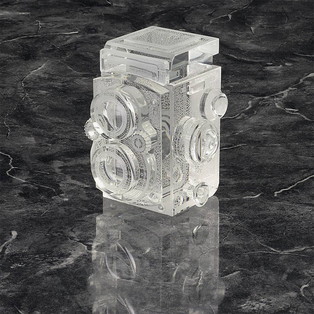 Left. Fotodiox - Crystal Camera - 2/3 Sized Replica of Rolleiflex 2.8 Camera w/ Zeiss Planar 80mm lens; Paperweight, Bookends, Display.