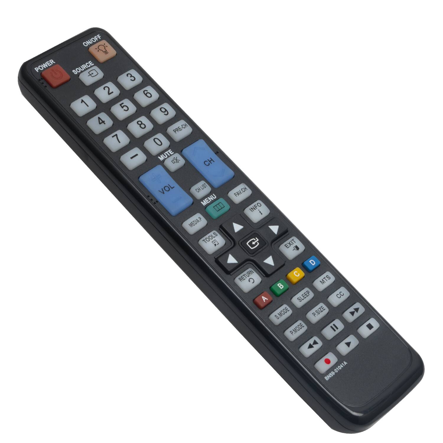 POWER ON/OFF SOURCE 1 2 3 4 5 6 7 8 9 0 PRE-CH MUTE CH VOL CHLIST MENU FAVCH INFO EXIT RETURN TOOLS MEDIATOOLS SLEEP CC 5 MODE P.SIZE P.MODE BN59-01041A