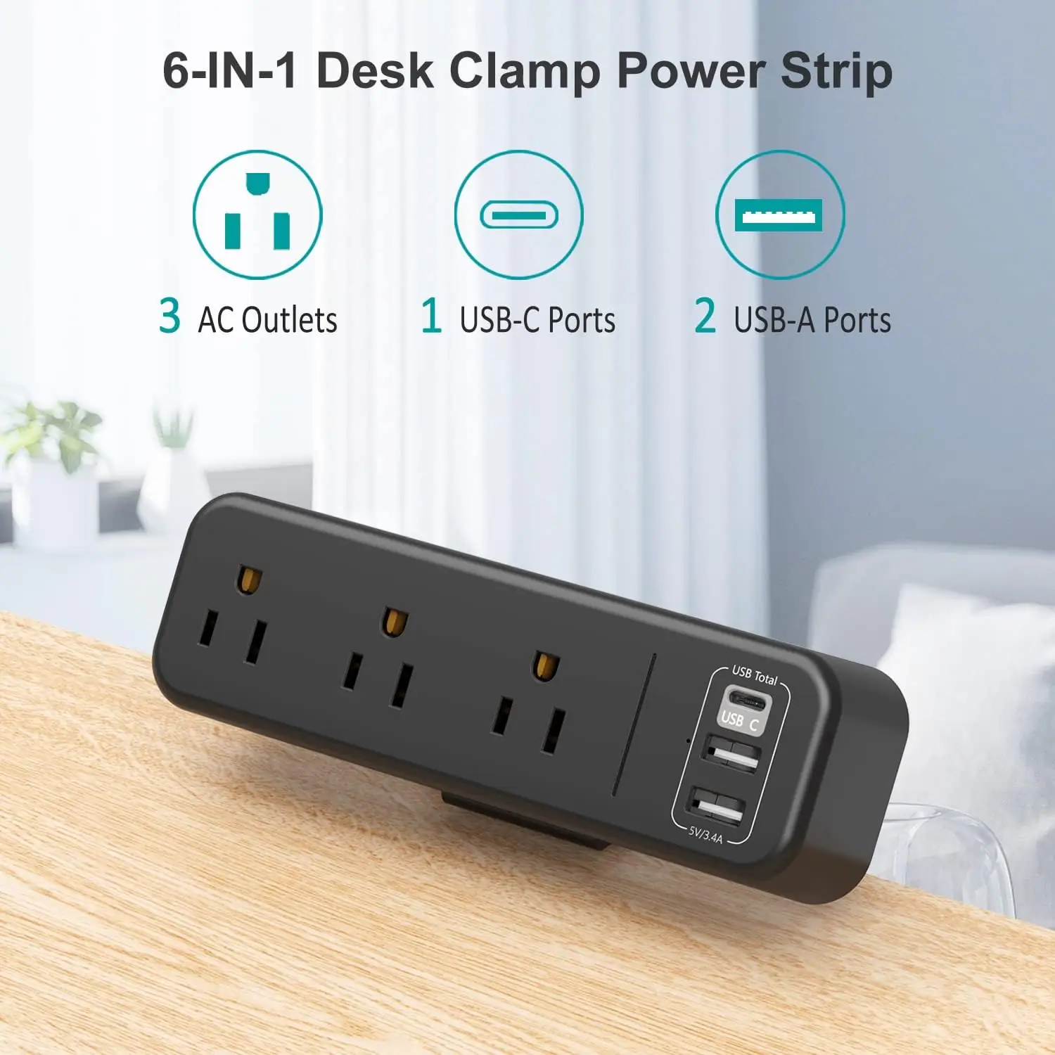 6-IN-1 Desk Clamp Power Strip, 3 AC Outlets, 1 USB-C Ports, 2 USB-A Ports, USB Total, USB C, 5V/3.4A