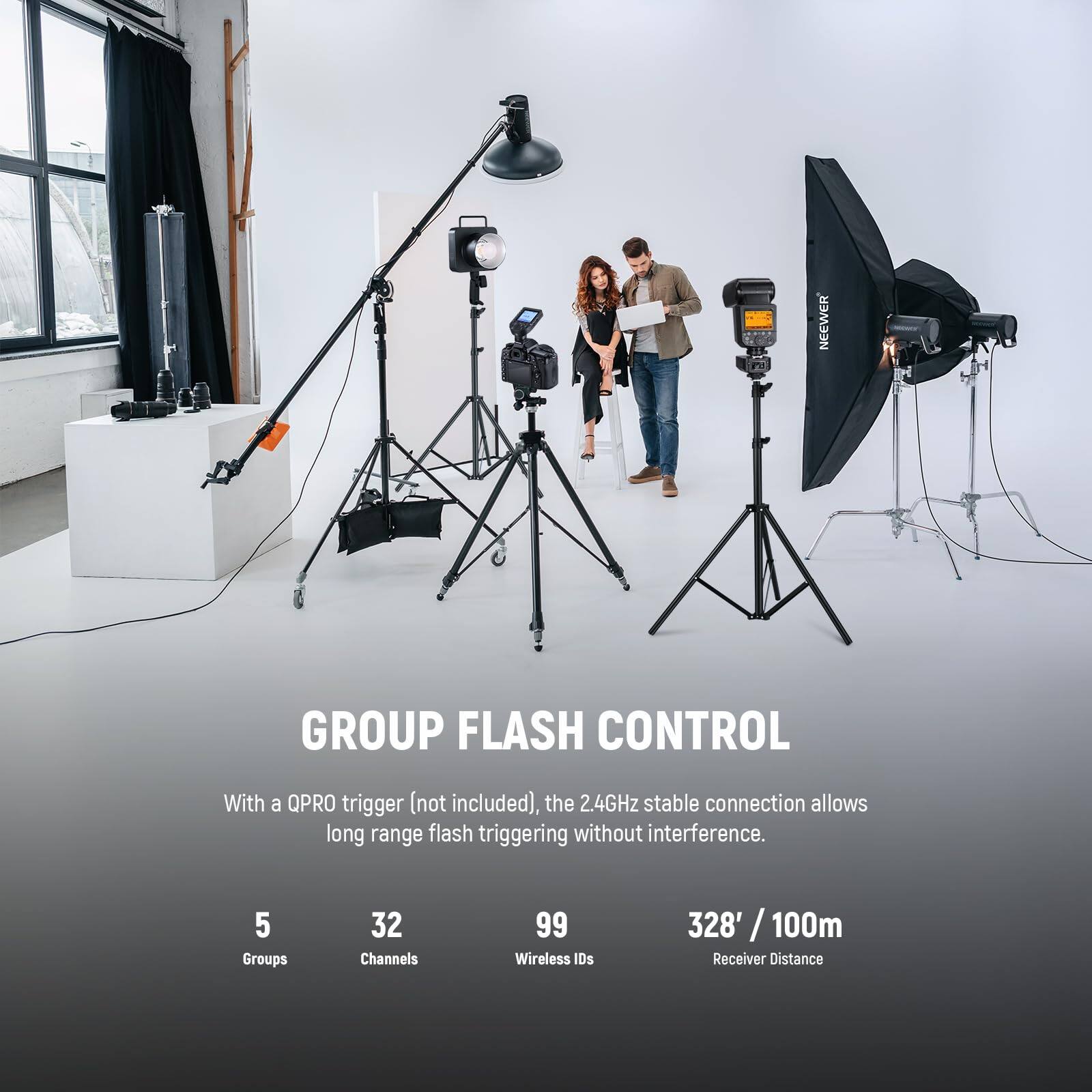 PE5 NEEWER GROUP FLASH CONTROL

With a QPRO trigger (not included), the 2.4GHz stable connection allows long range flash triggering without interference.

5 Groups
32 Channels
99 Wireless IDs
328' / 100m Receiver Distance