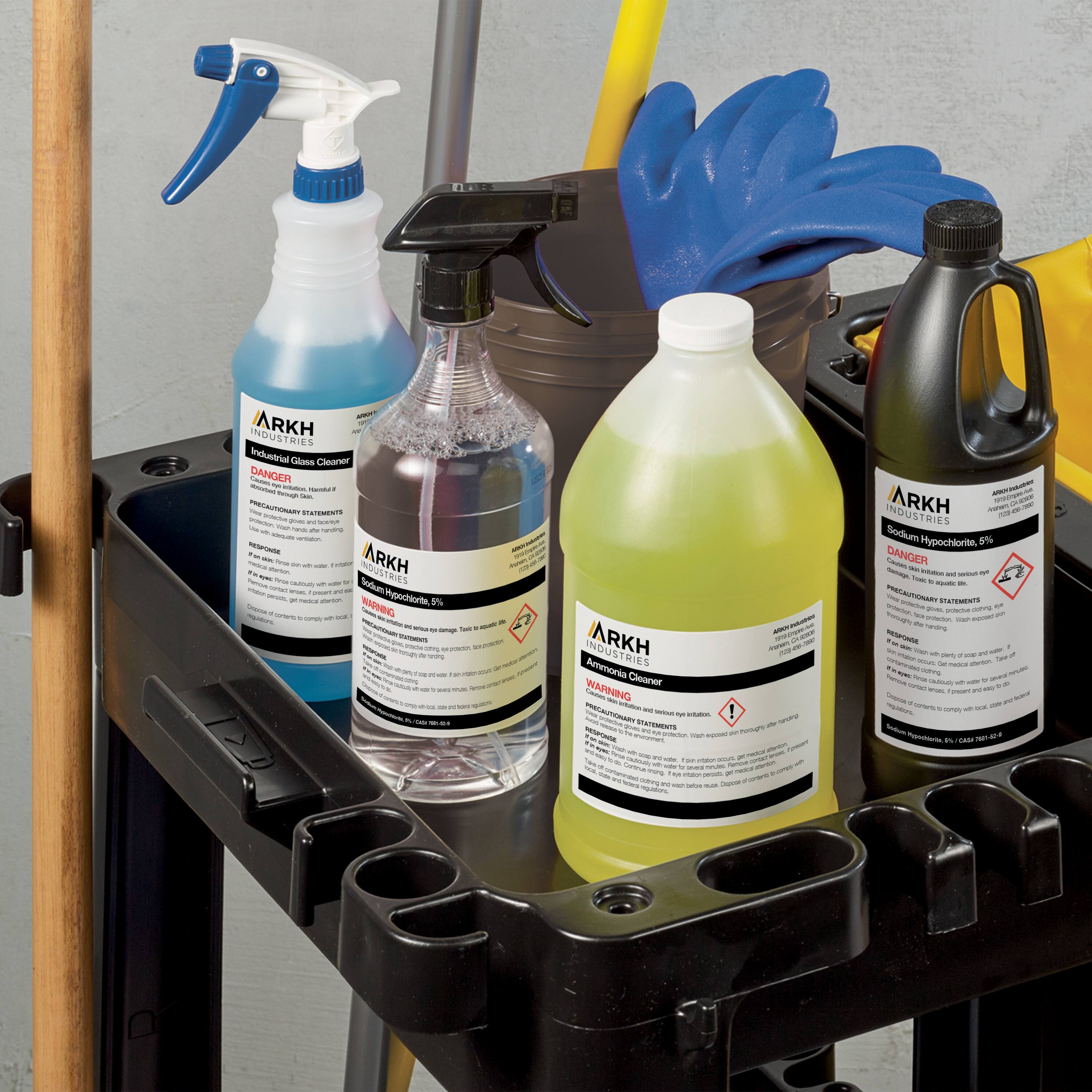 INDUSTRIES ARKH  
Industrial Glass Cleaner  
DANGER  
PRECAUTIONARY STATEMENTS  
- Causes skin and eye irritation.  
- Harmful if swallowed.  
- Causes serious eye irritation.  
- May cause respiratory irritation.  
- Keep out of reach of children.  
- Read label before use.  
- Wear protective gloves/eye protection/face protection.  
- Wash hands thoroughly after handling.  
- Do not get in eyes, on skin, or on clothing.  
- In case of eye contact: Rinse cautiously with water for several minutes. Remove contact lenses, if present and easy to do. Continue rinsing.  
- If inhaled: Remove person to fresh air and keep comfortable for breathing.  
- If swallowed: Rinse mouth. Do NOT induce vomiting. Call a POISON CENTER or doctor/physician if you feel unwell.  
- Store in a well-ventilated place. Keep cool.  
- Keep container in a well-ventilated place. Do not expose to temperatures exceeding 50°C/122°F.  
- Dispose of contents/container in accordance with local, regional, national, or international regulations.  

ARKH  
Sodium Hypochlorite, 5%  
DANGER