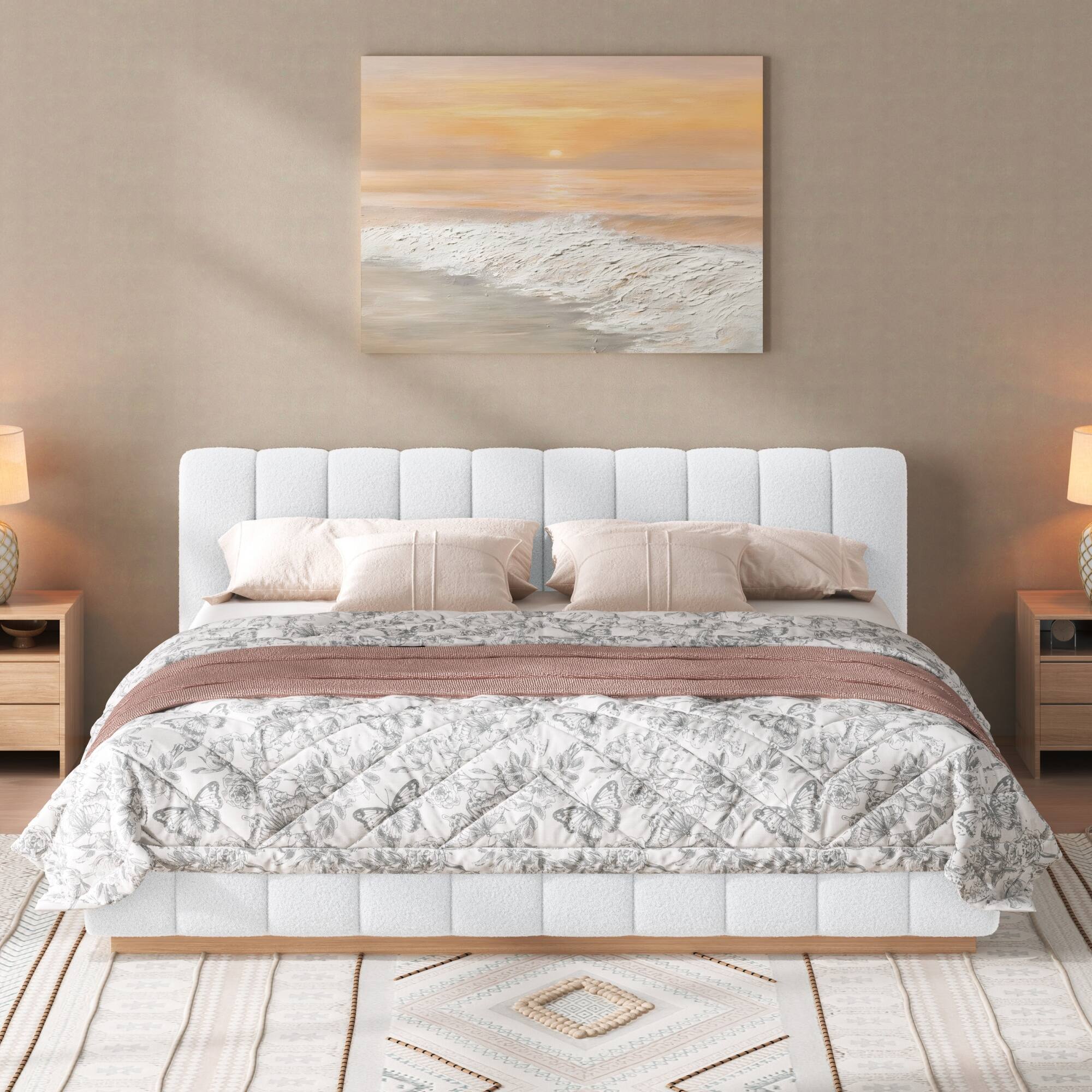 Angle. Whisen - Upholstered Platform Bed Frame, Low Profile Wood Base, No Box Spring Needed - White.