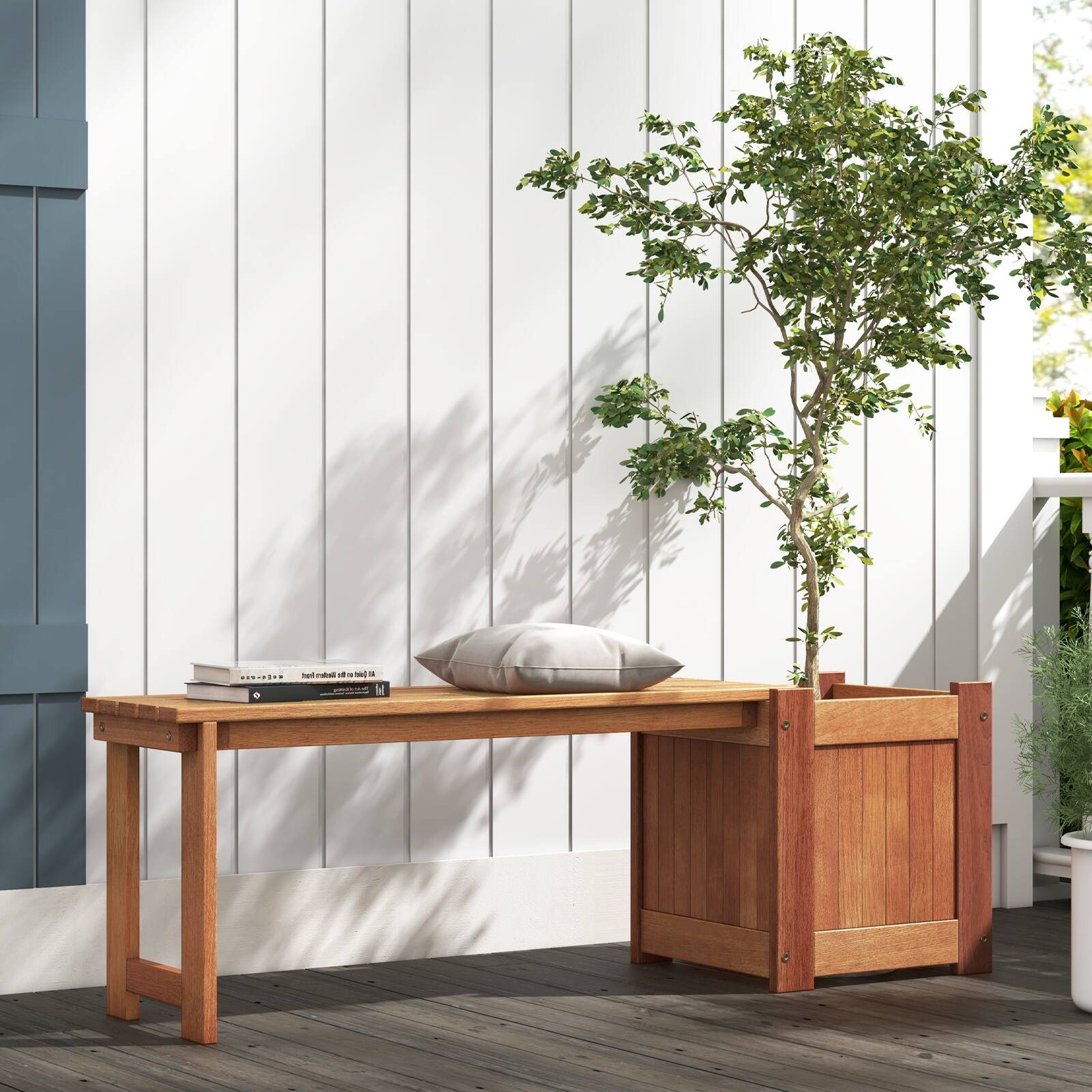 Alt View 6. Costway - Costway Wood Planter Box Set with Bench, Hardwood Planter Box, Teak Oil Finish for Garden - Natural.