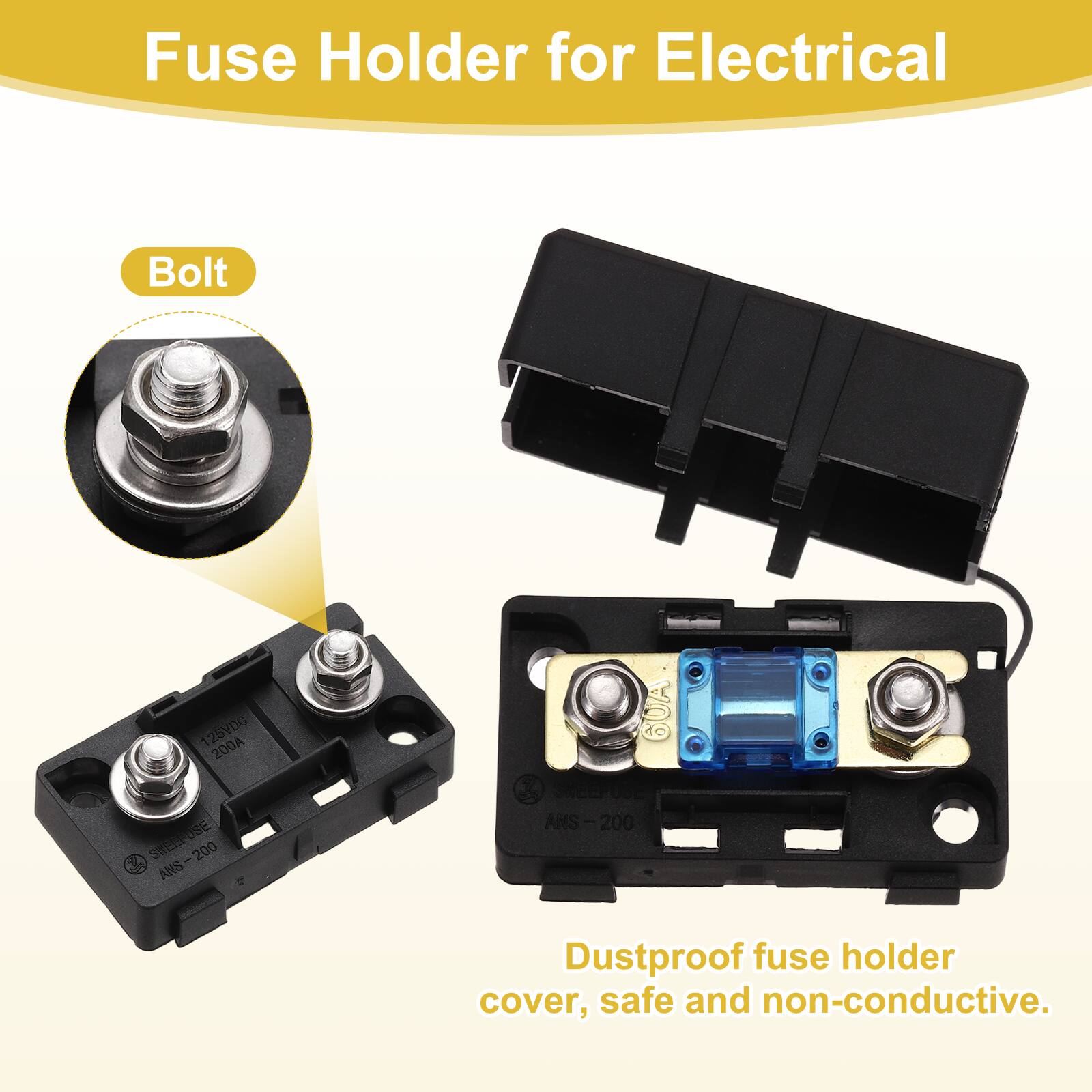 Fuse Holder for Electrical Bolt 125VDC 200A SKEEPOS ANS-200 200 ANS 6UA SKEEPOS ANS-200 ANS 200 Dustproof fuse holder cover, safe and non-conductive.