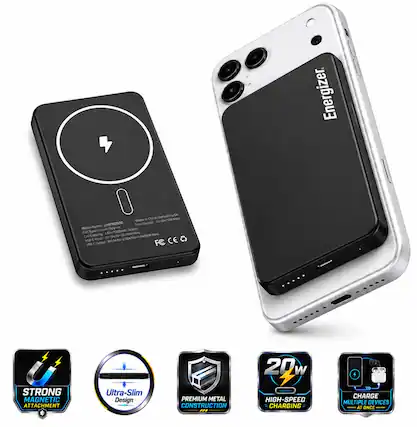 Energizer
Made in China, Certified in USA
Model Name: UMPB050D
Model Name: UMPB050D
Cell: Li-ion Polymer 2600mAh
Cell Capacity: 5.2V/2.2Ah 11.5Wh
USB-C Output: 5V/3A, 9V/2A, 12V/1.5A, 20W Max
FC CE
STRONG MAGNETIC ATTACHMENT
Ultra-Slim Design
PREMIUM METAL CONSTRUCTION
20W HIGH-SPEED CHARGING
CHARGE MULTIPLE DEVICES AT ONCE