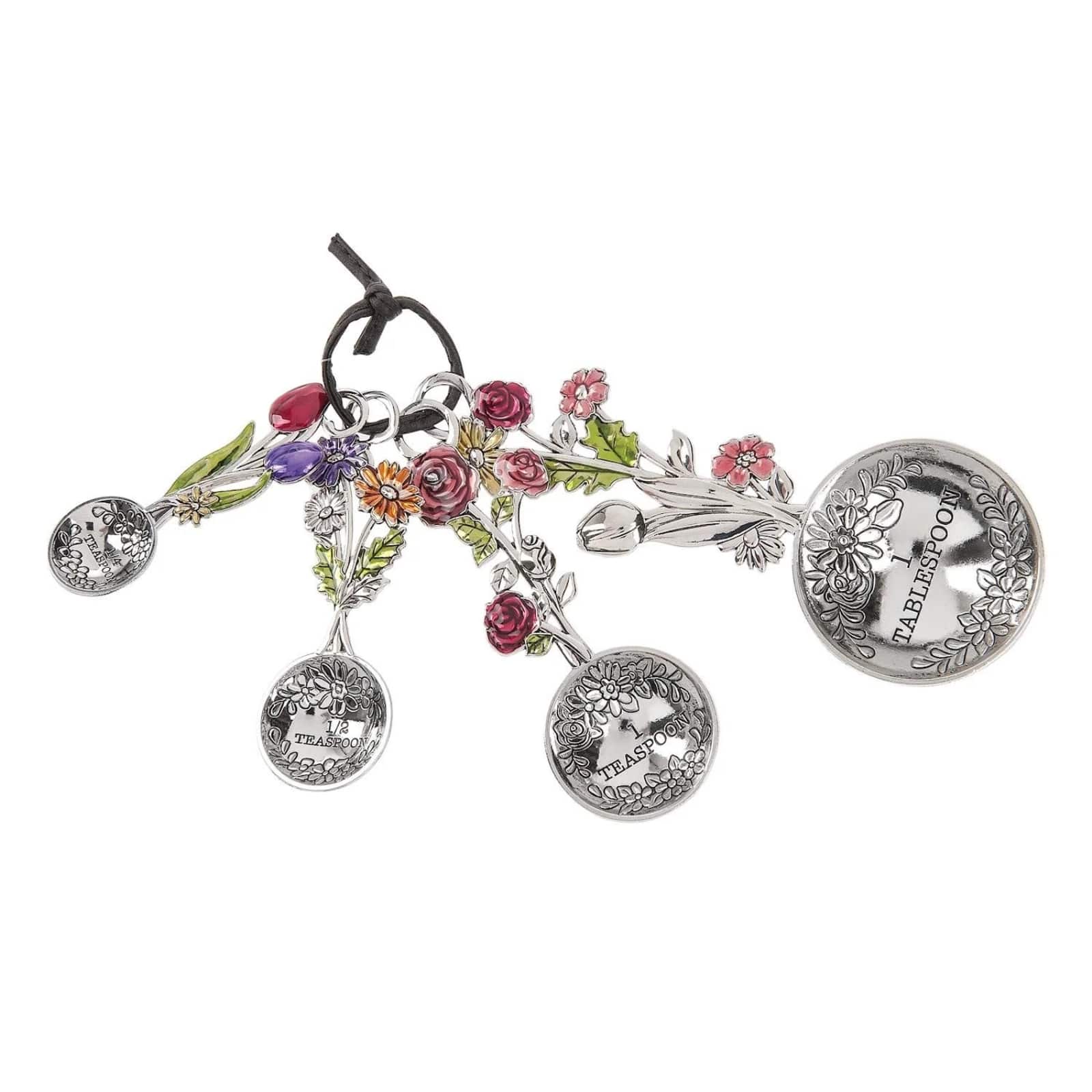 Ganz - Colored Flower Bouquet Zinc Metal 4 Piece Measuring Spoons Set - Silver