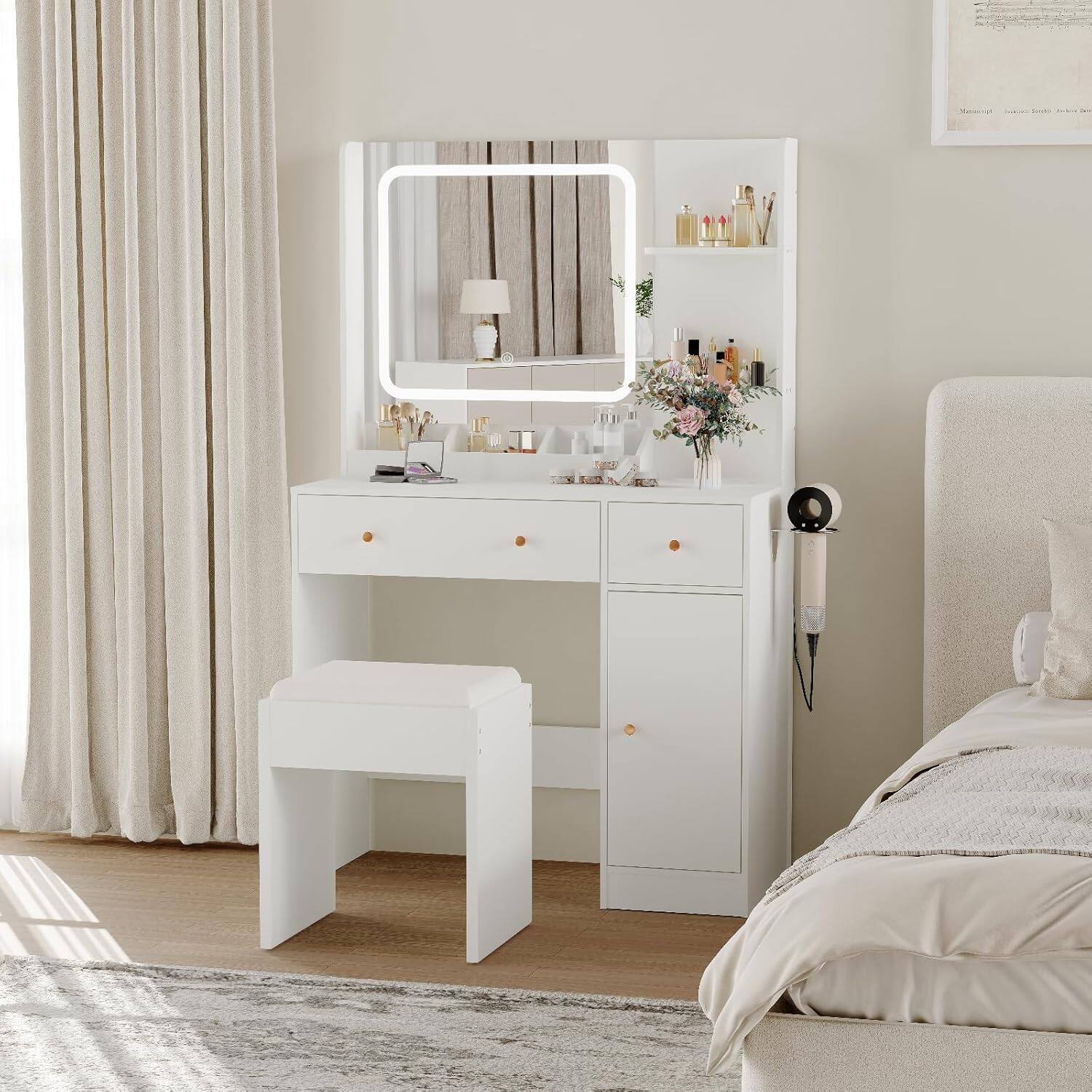 Left. GARVEE - Vanity Desk with Mirror & LED Lights, Power Outlet, Storage Drawers, Shelves, Cabinet, Chair, 3 Lighting Modes, White - white.