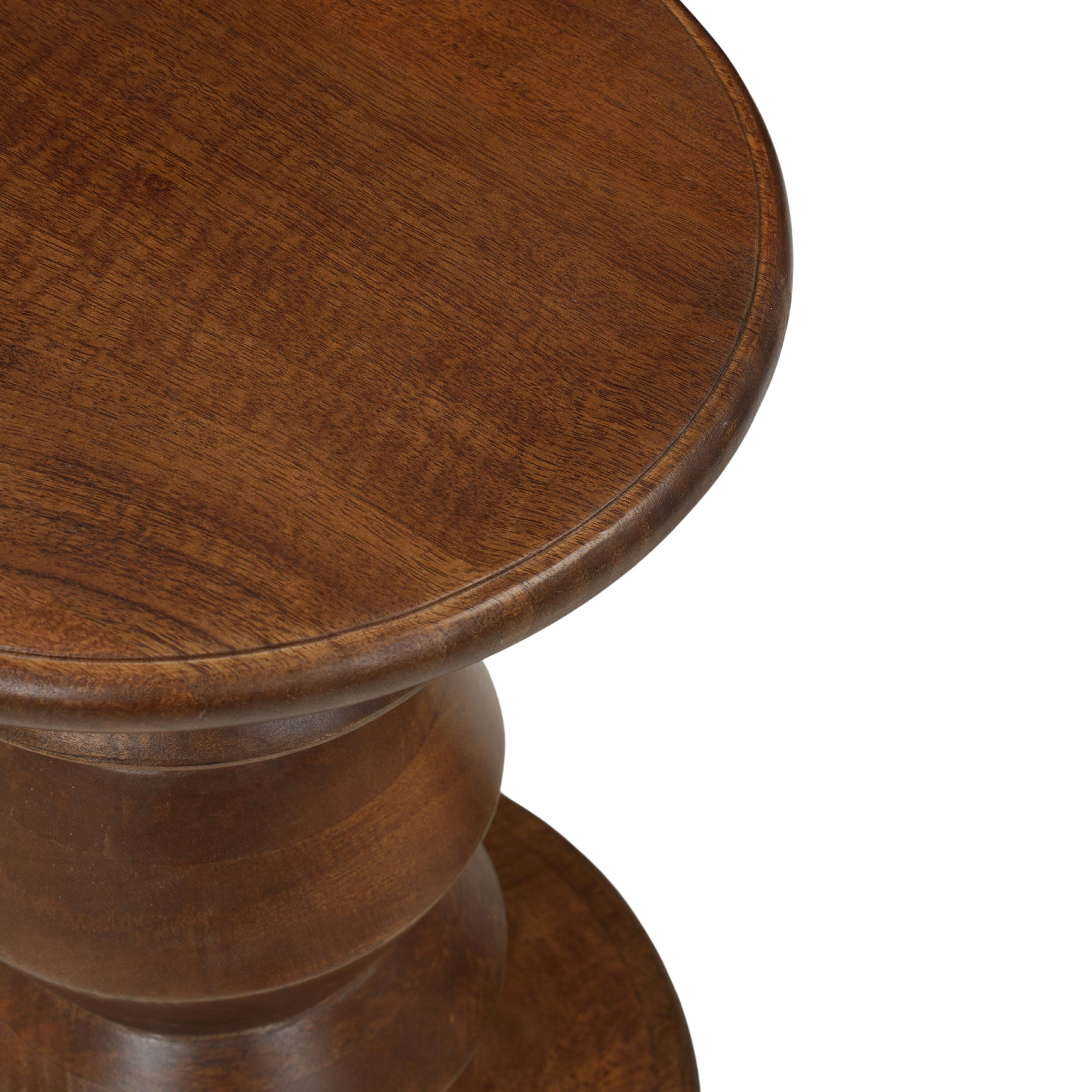 Left. Manhattan Lane - Jie Side End Table, Sculpted Pedestal Base, Mango Wood, 18.5 Inch - Walnut Brown.