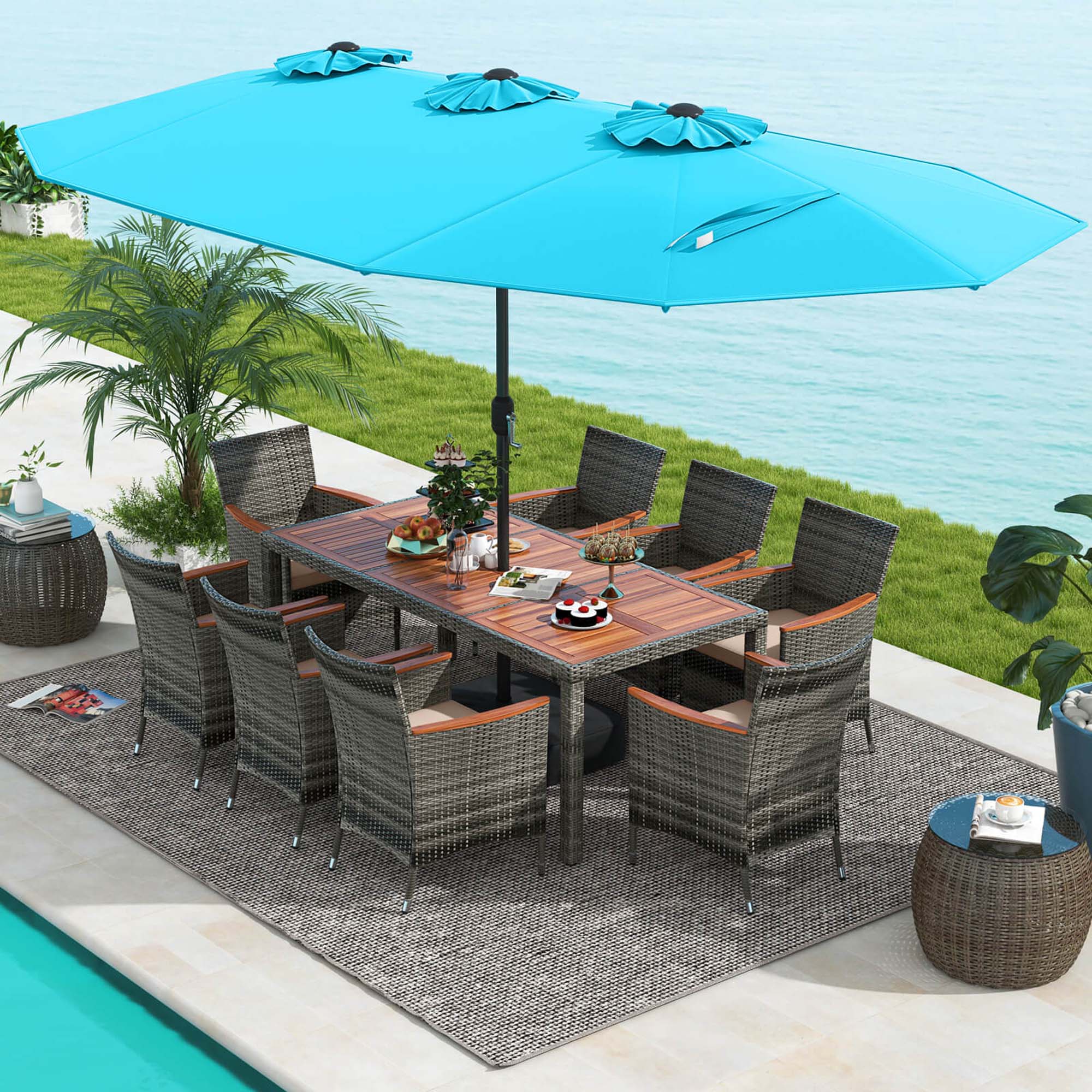 Alt View 1. Costway - 10 Pieces Patio Wicker Dining Set with Double-Sided Patio Umbrella 8 Armchairs - Turquoise,,Mix Brown.