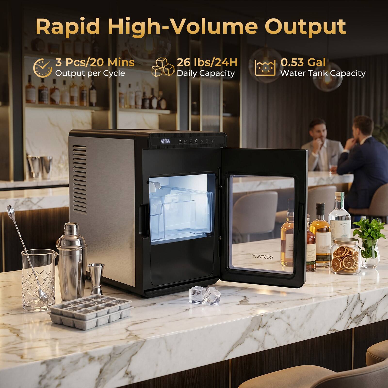 Rapid High-Volume Output  
3 Pcs/20 Mins Output per Cycle  
26 lbs/24H Daily Capacity  
0.53 Gal Water Tank Capacity