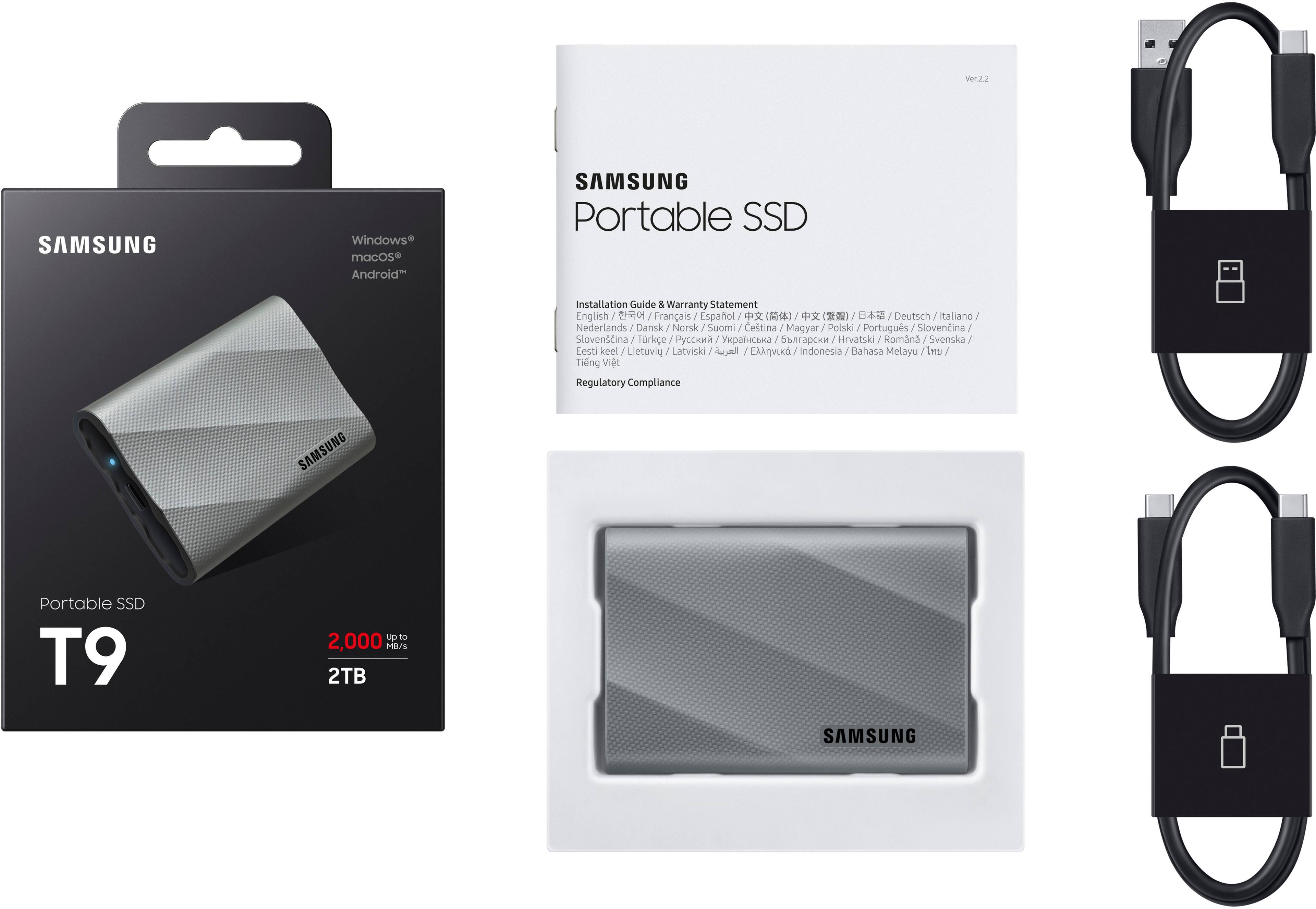 The image features a Samsung Portable SSD T9, which is a 2TB external hard drive. The product is displayed in various ways, including a close-up view, a box, and a manual. The Samsung Portable SSD T9 is designed for use with Windows, macOS, and Android devices, and it comes with a warranty statement and installation guide. The product is available in multiple languages, including English, French, Spanish, German, Italian, Dutch, Norwegian, Swedish, and others. The image also shows a strap for the product, which can be used for easy transportation.