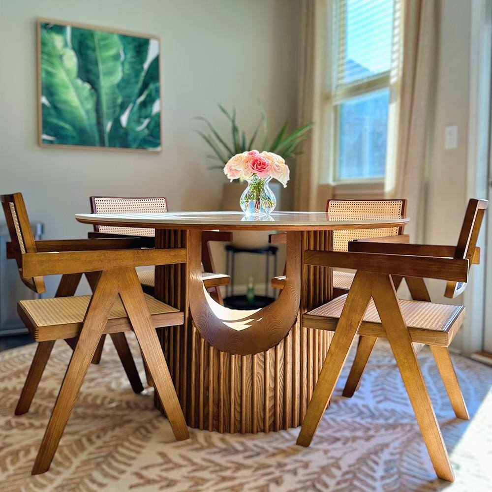 Angle. POVISON - Mid-Century Modern Solid Wood Rattan Dining Chairs Set of 2 Armchairs for Kitchen & Bedroom, Light Walnut & Khaki - Light Walnut & Khaki.