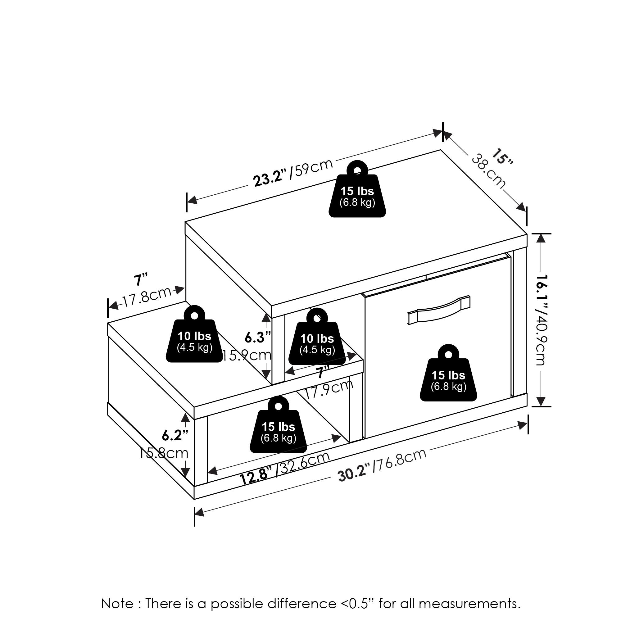 - 23.2" / 59 cm
- 15 lbs (6.8 kg)
- 38 cm
- 15"
- 7"
- 17.8 cm
- 10 lbs (4.5 kg)
- 6.3"
- 15.9 cm
- 10 lbs (4.5 kg)
- 7.9 cm
- 15 lbs (6.8 kg)
- 16.1" / 40.9 cm
- 6.2"
- 15.8 cm
- 15 lbs (6.8 kg)
- 12.8" / 32.6 cm
- 12.8"
- 30.2" / 76.8 cm
- 30.2"

Note: There is a possible difference <0.5" for all measurements.