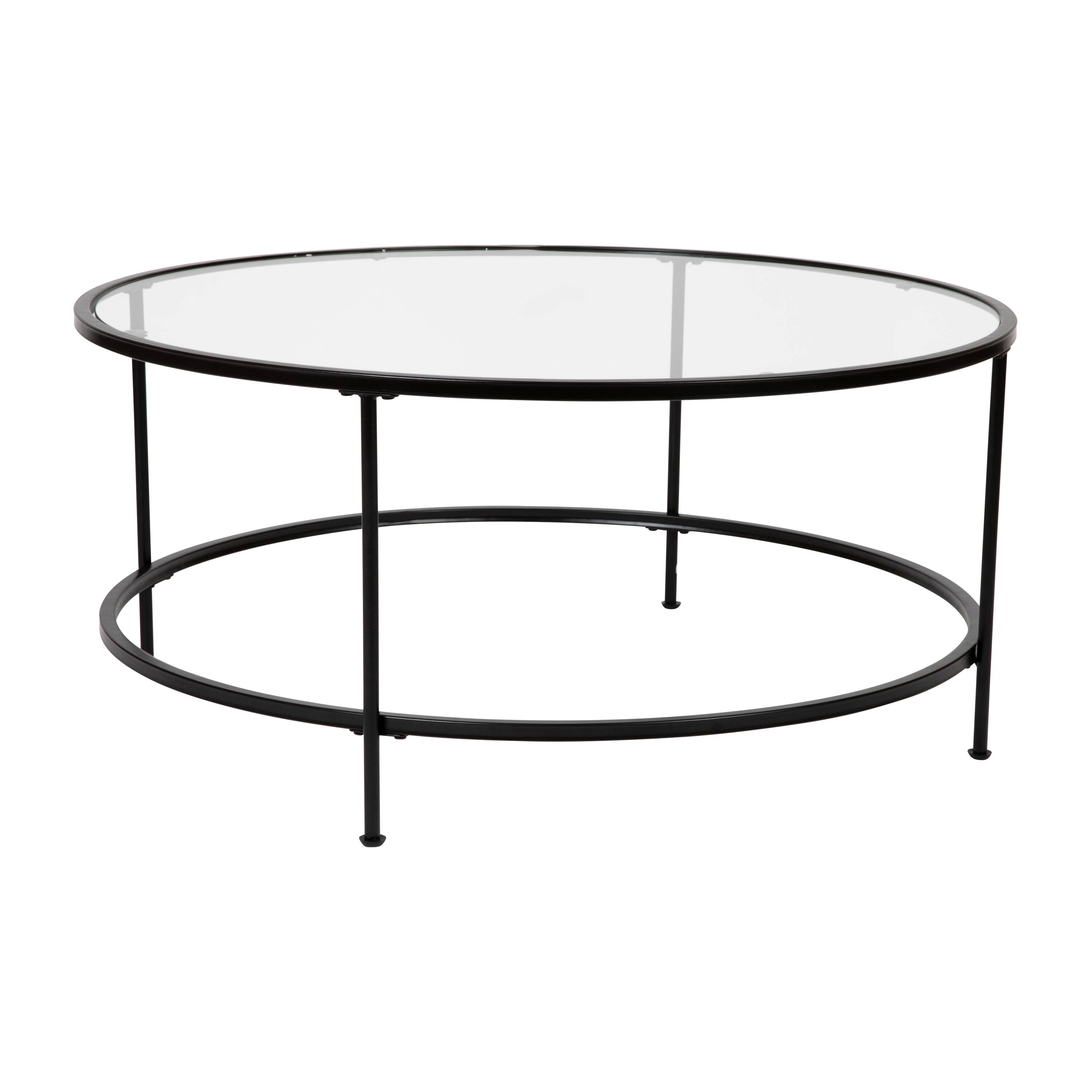 Alt View 1. Emma + Oliver - Glass Living Room Coffee Table with Round Metal Frame - Clear Top/Matte Black Frame.