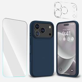 Entronix - 3-in-1 Bundle for iPhone 17 Pro - Liquid Silicone Case with Screen & Lens Protectors - Navy Blue